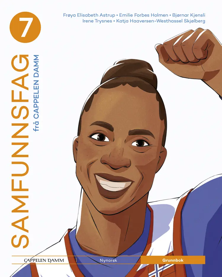Omslag Samfunnsfag 7 frå Cappelen Damm Grunnbok av Frøya Elisabeth Astrup, Emilie Forbes Holmen, Bjørnar Kjensli, Irene Trysnes og Katja Skjølberg (Innbundet)