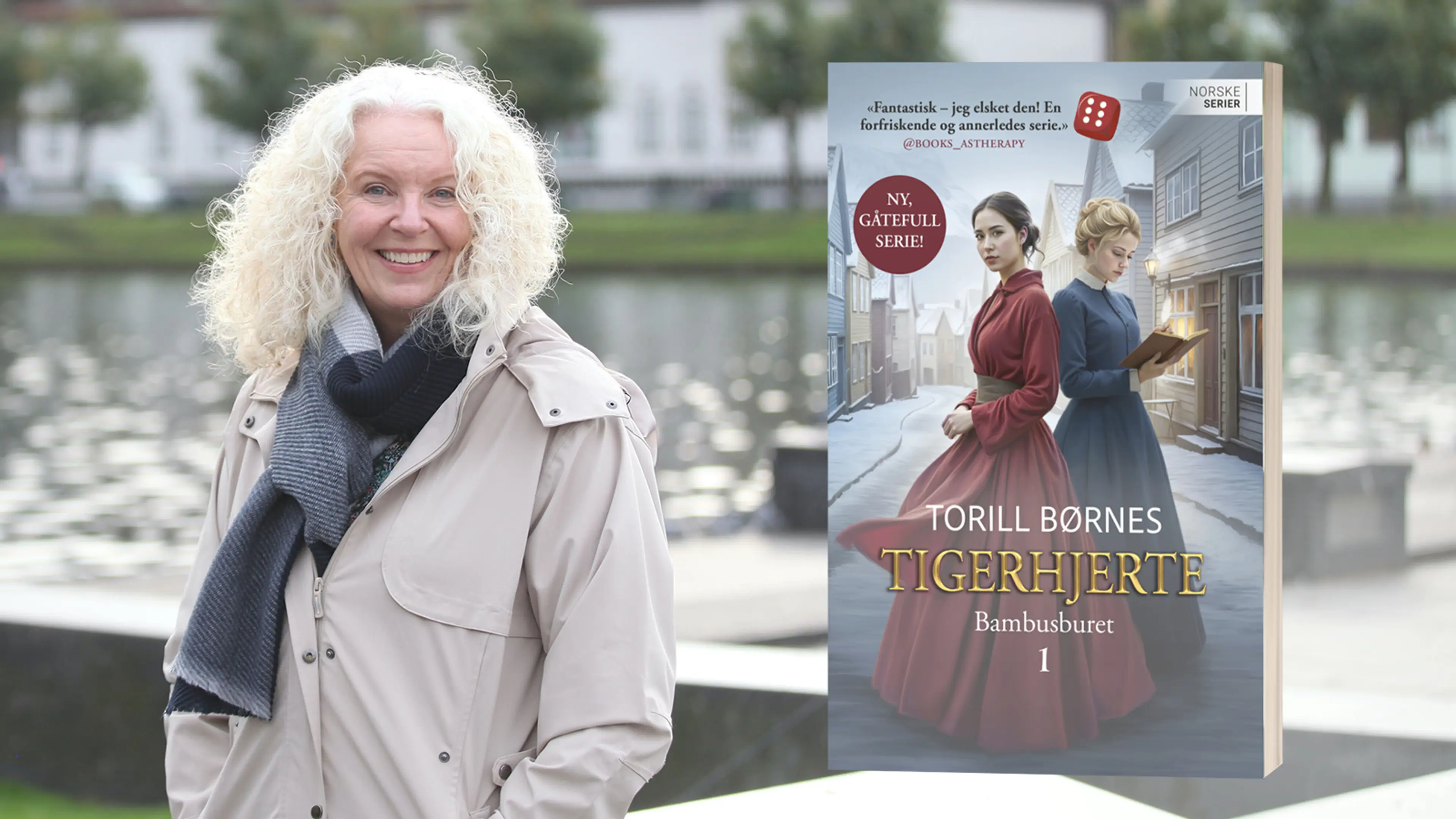Foto av Torill Karina Børnes og første bok i serien Tigerhjerte 