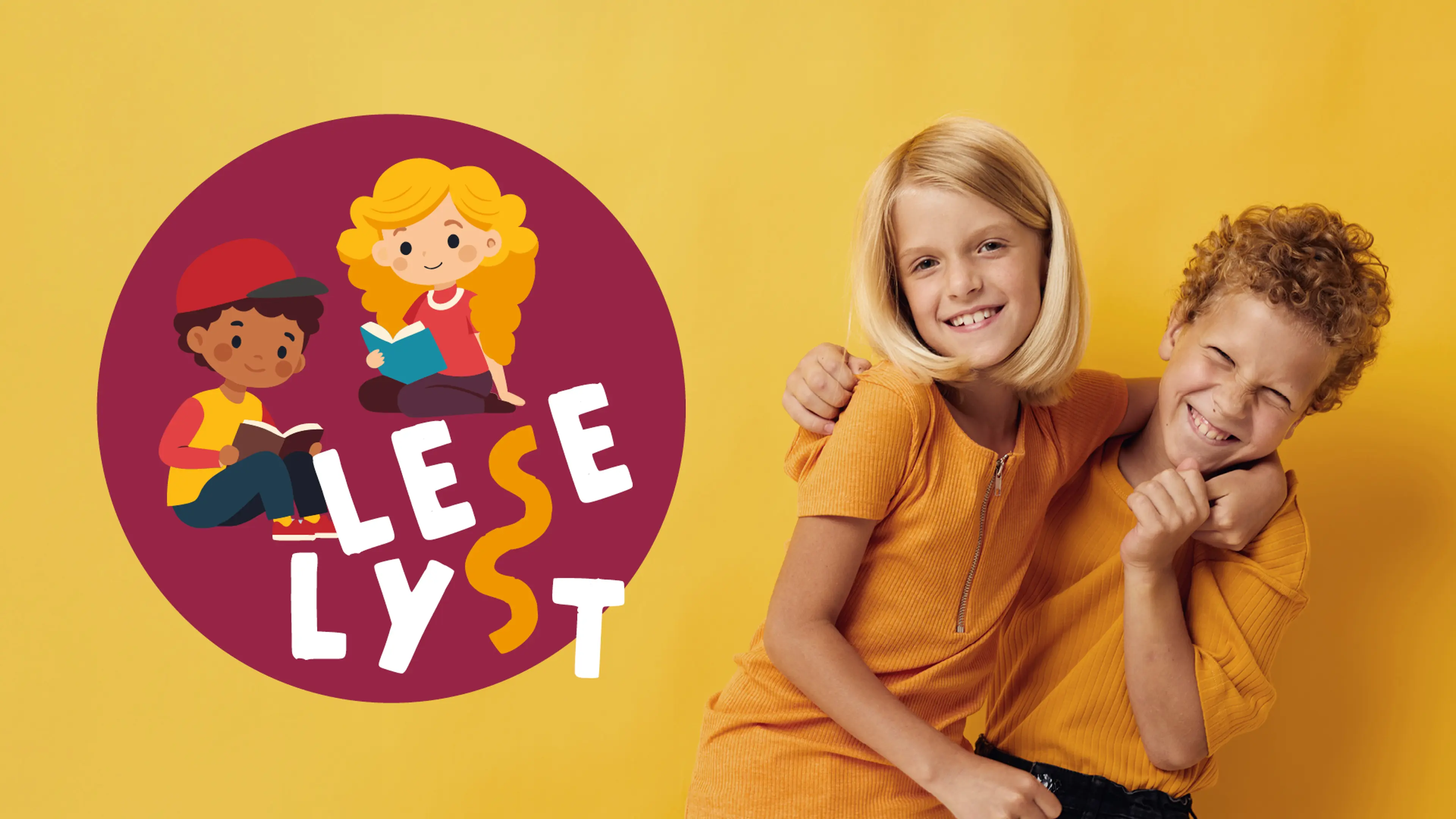 Leselyst logo og to glade barn