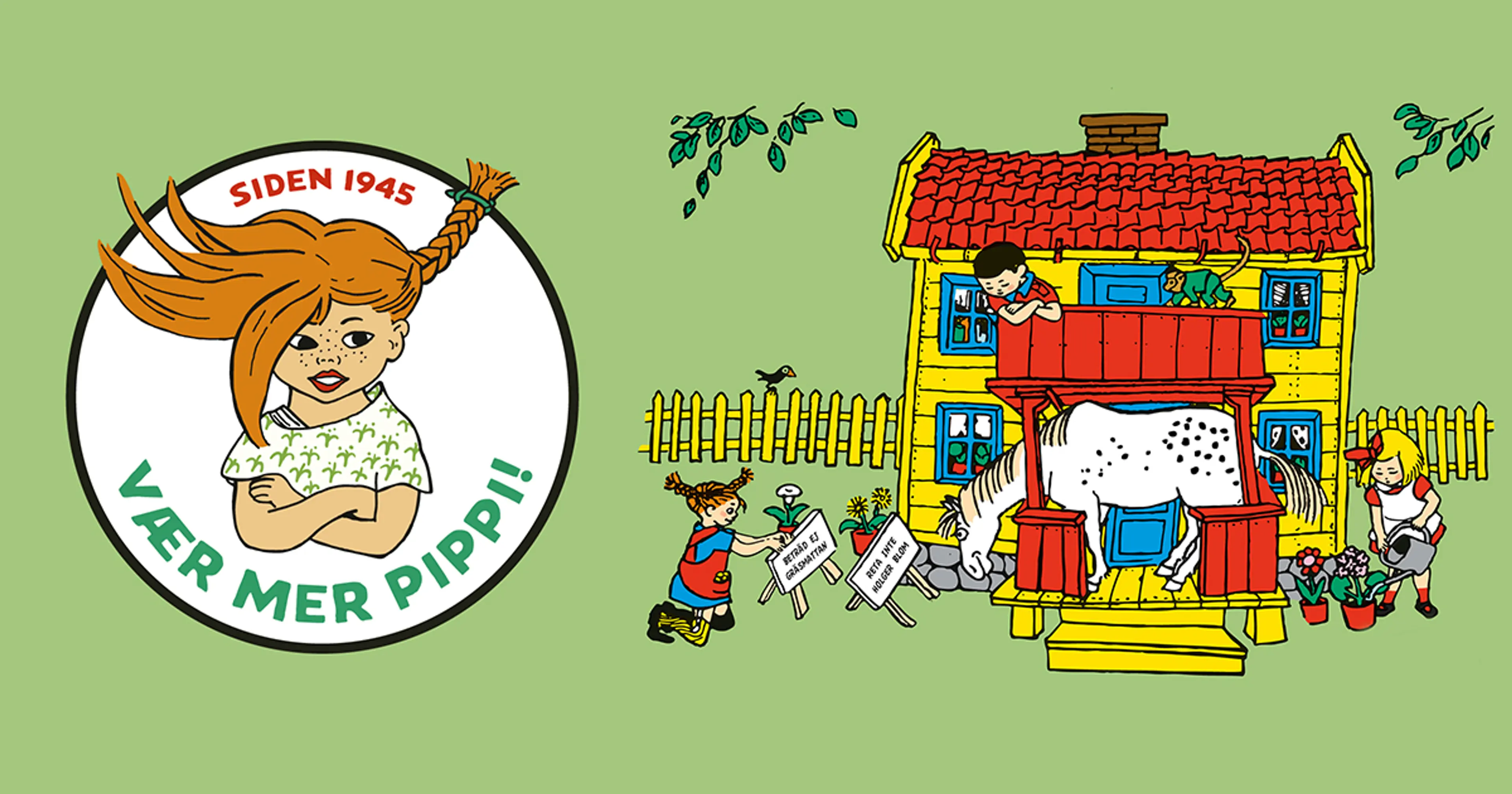 Pippi, Annika og Tommy foran Villekuvilla