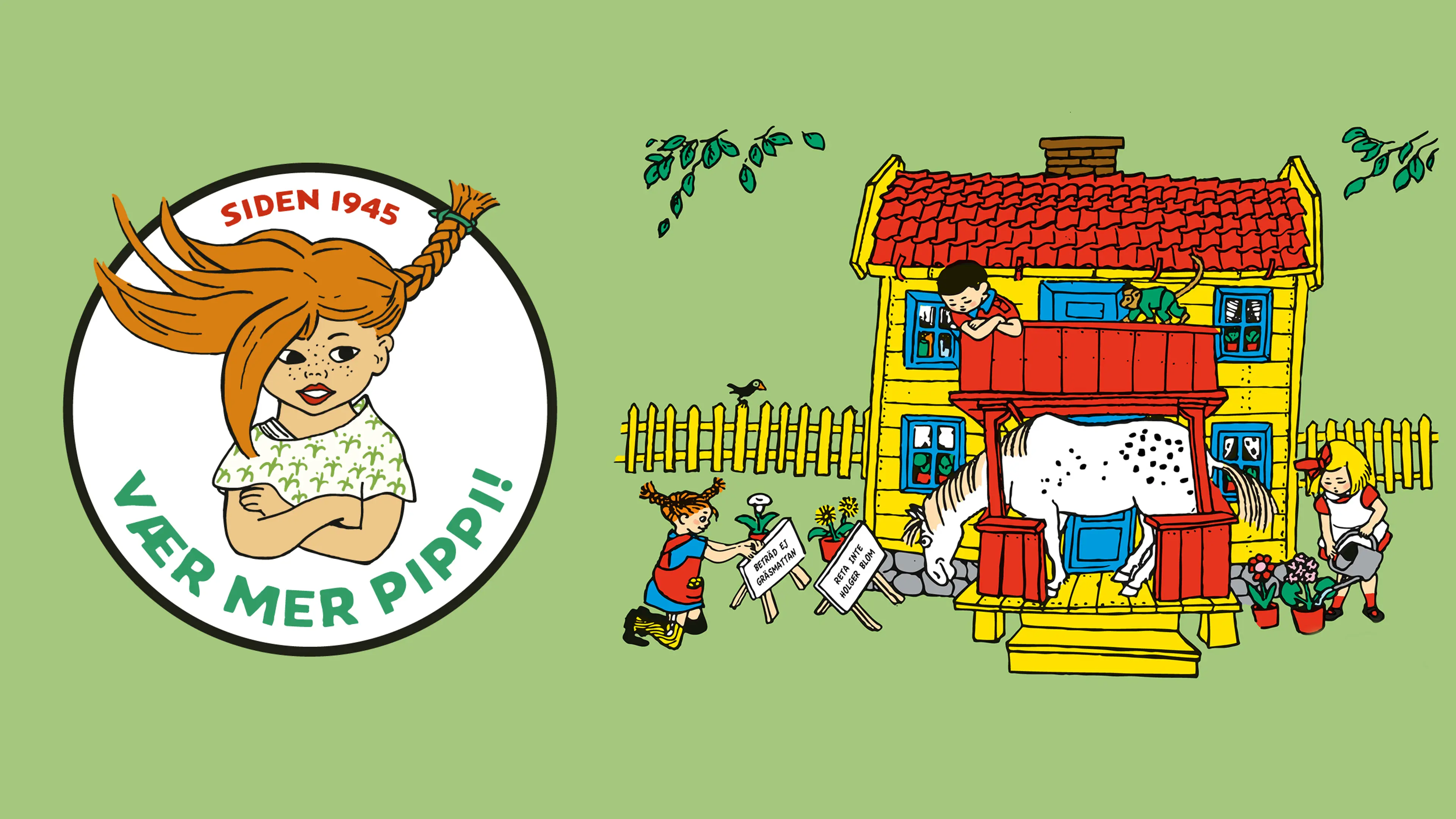 Pippi, Annika og Tommy foran Villekuvilla