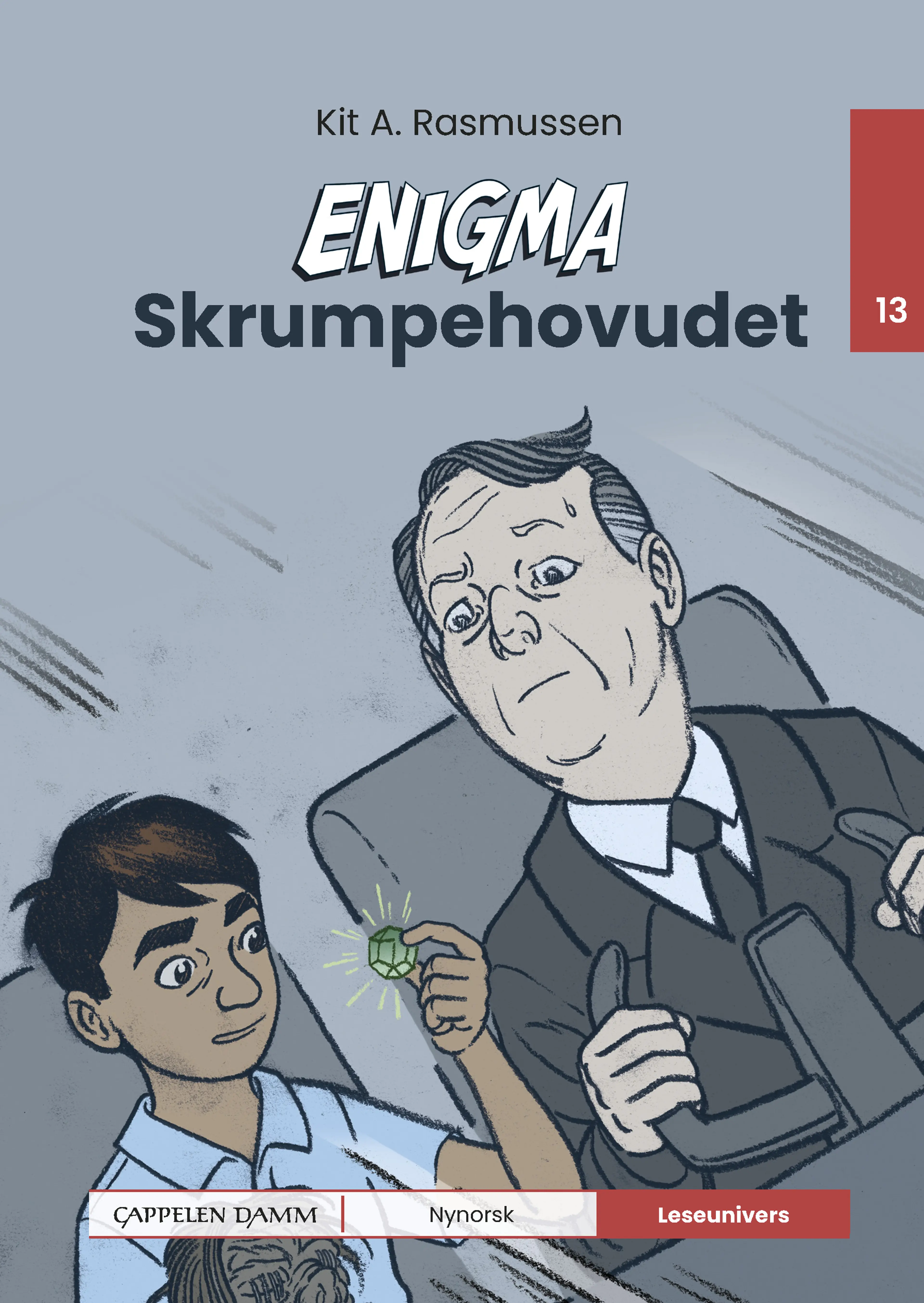 Omslag Leseunivers 13: Enigma - Skrumpehovudet av Kit A. Rasmussen (Innbundet)