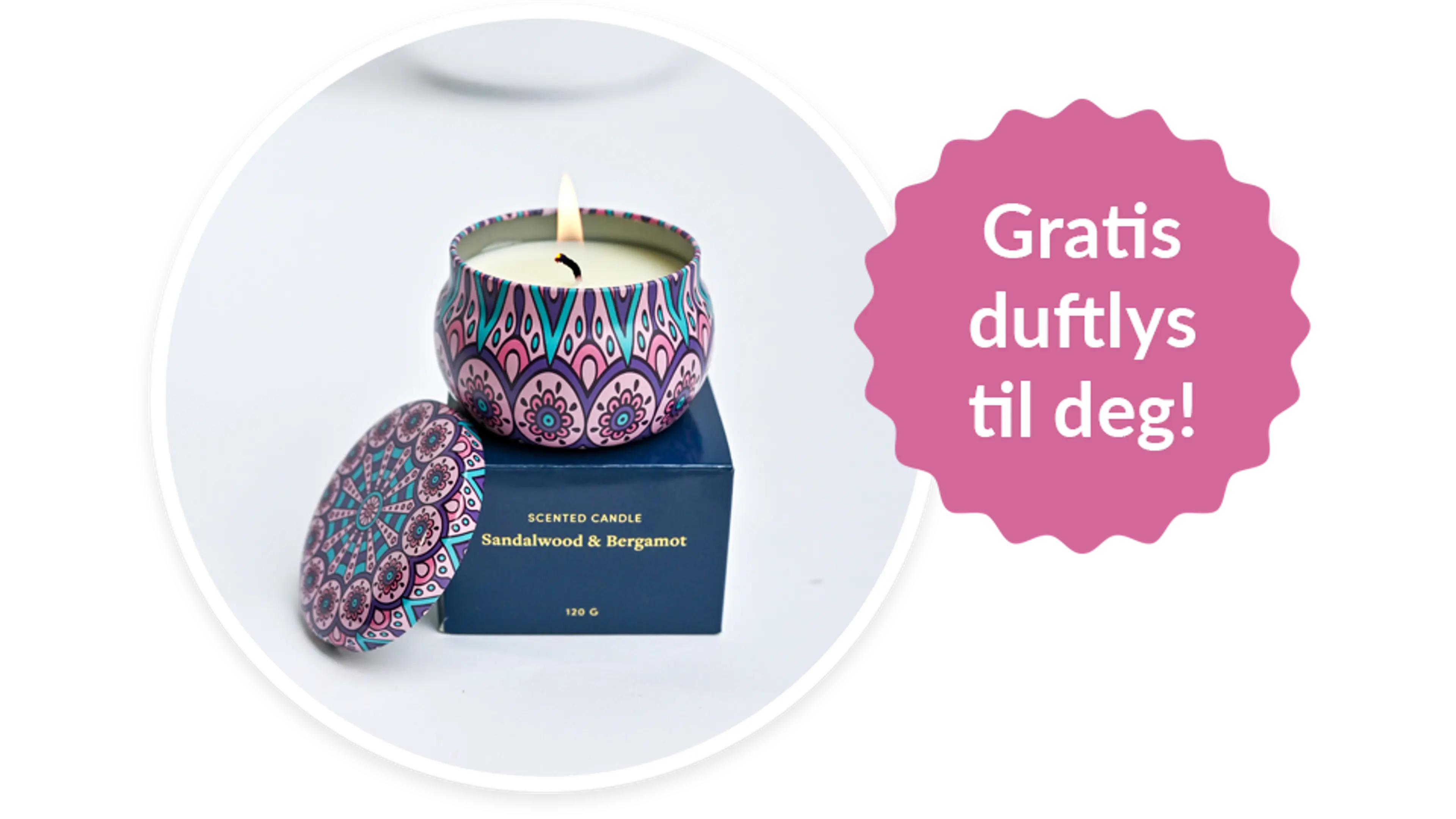 Foto av duftlys og bombe med teksten Gratis duftlys til deg