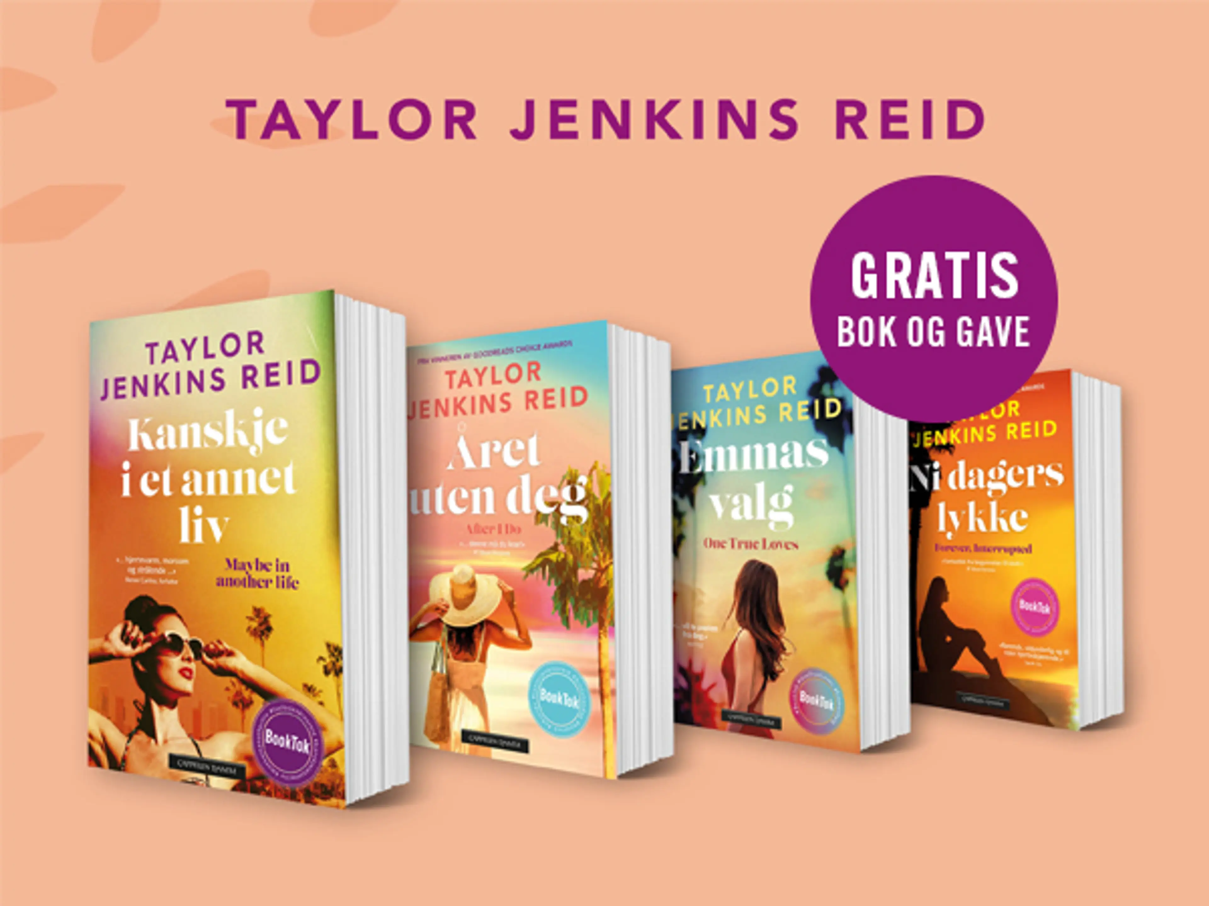 Fire bøker av Taylor Jenkins Reid og bombe med teksten Gratis bok og gave