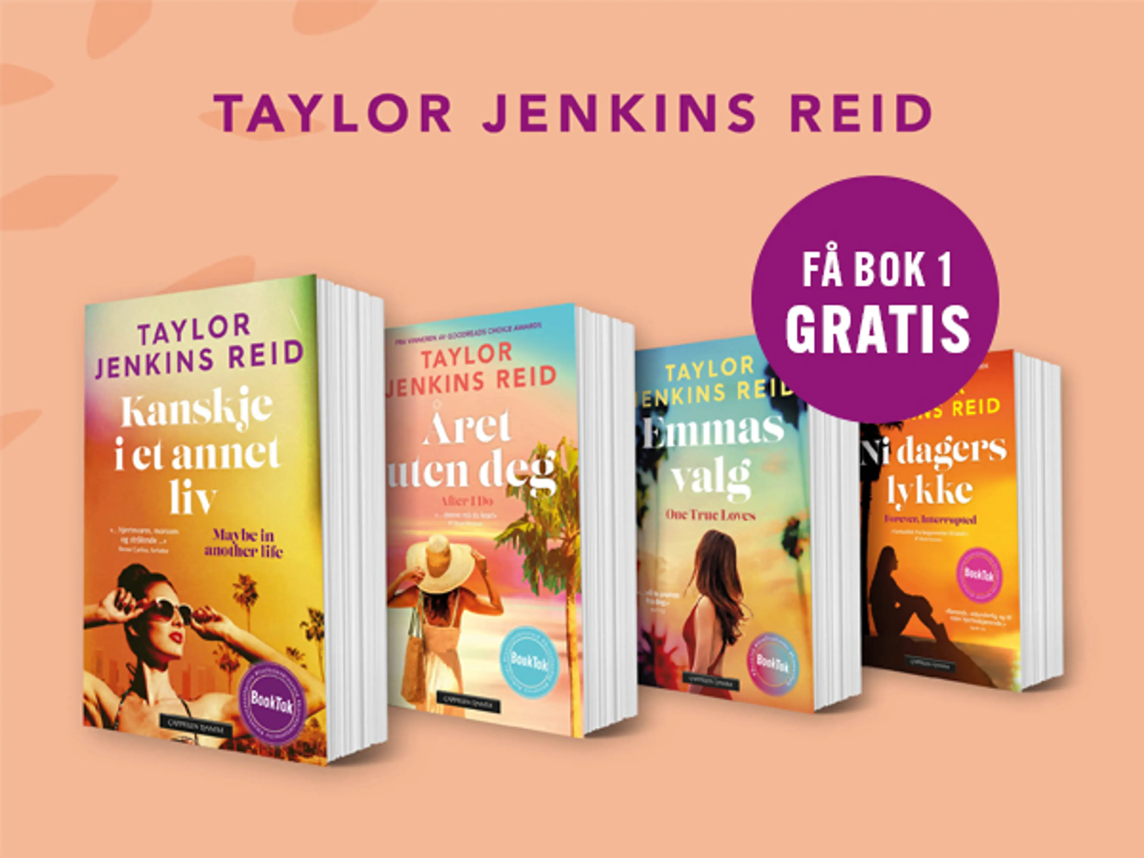 Fire bøker av Taylor Jenkins Reid og bombe med teksten Få bok 1 gratis