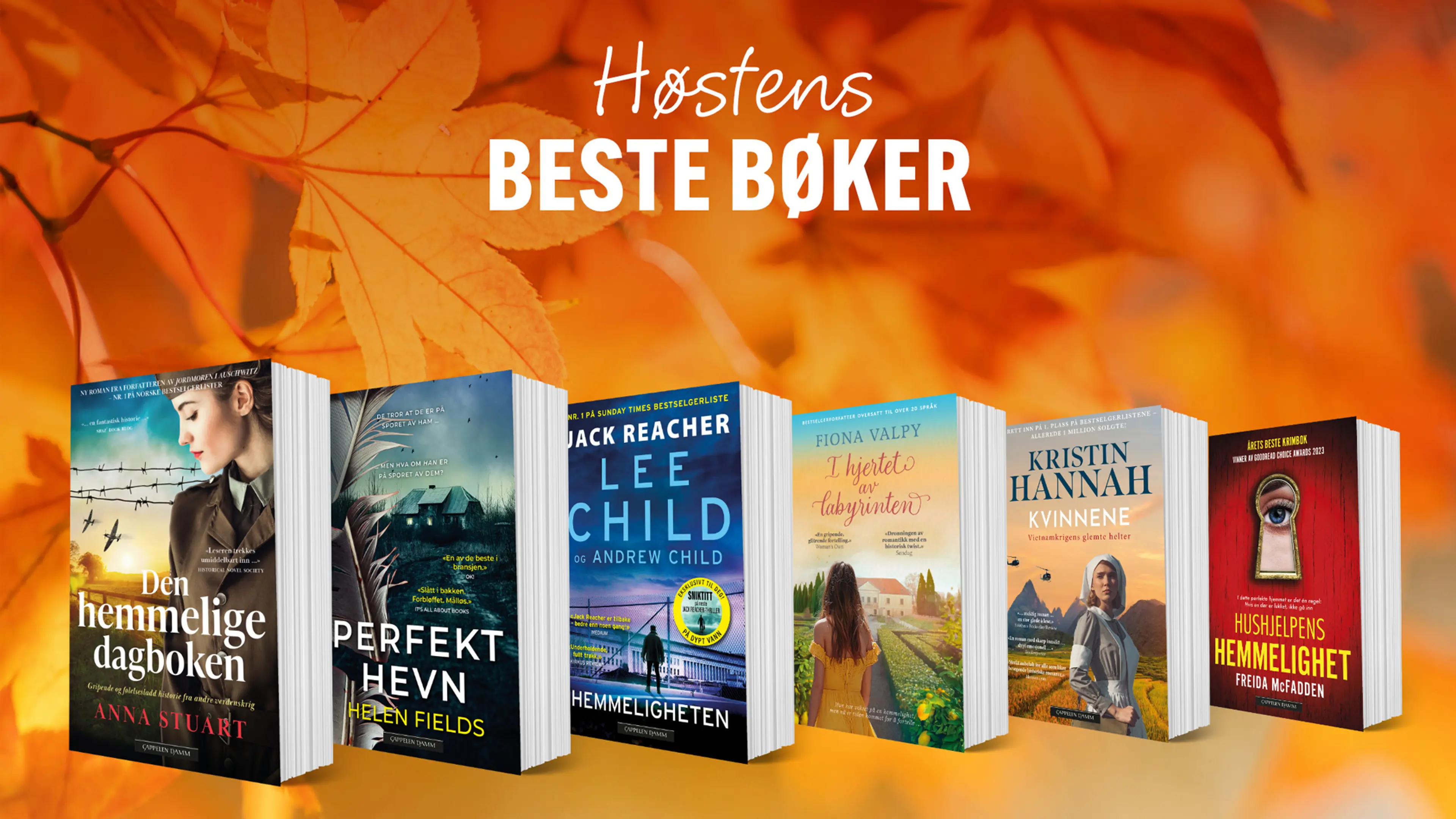 Høstens beste bøker på en bakgrunn av oransje blader
