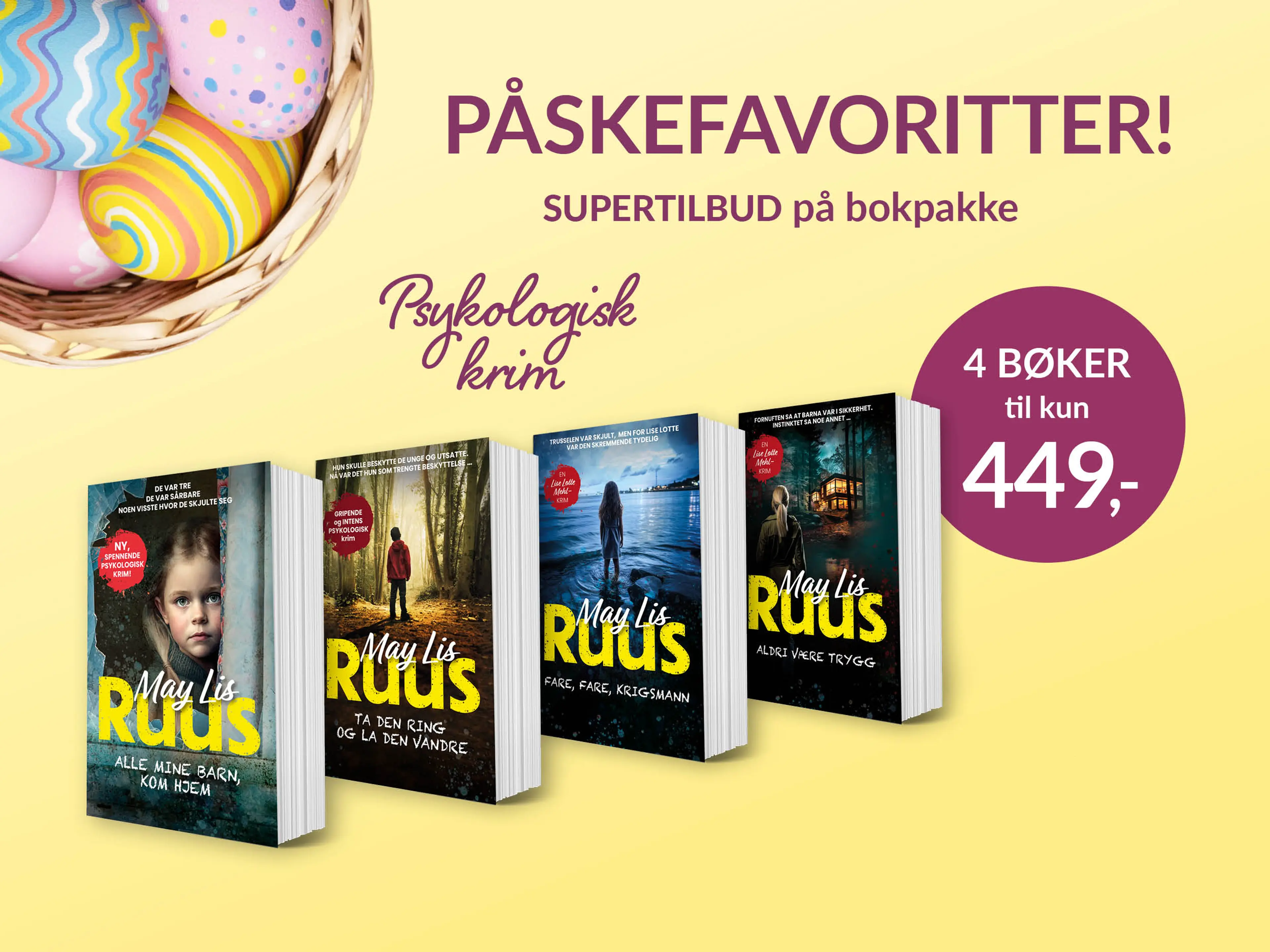 Fire bøker i serien Lise Lotte Mehl på gul bakgrunn