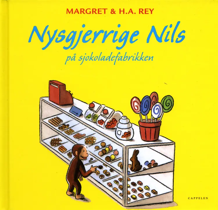 Omslag Nysgjerrige Nils på sjokoladefabrikken av Margaret og H.A. Rey (Innbundet)