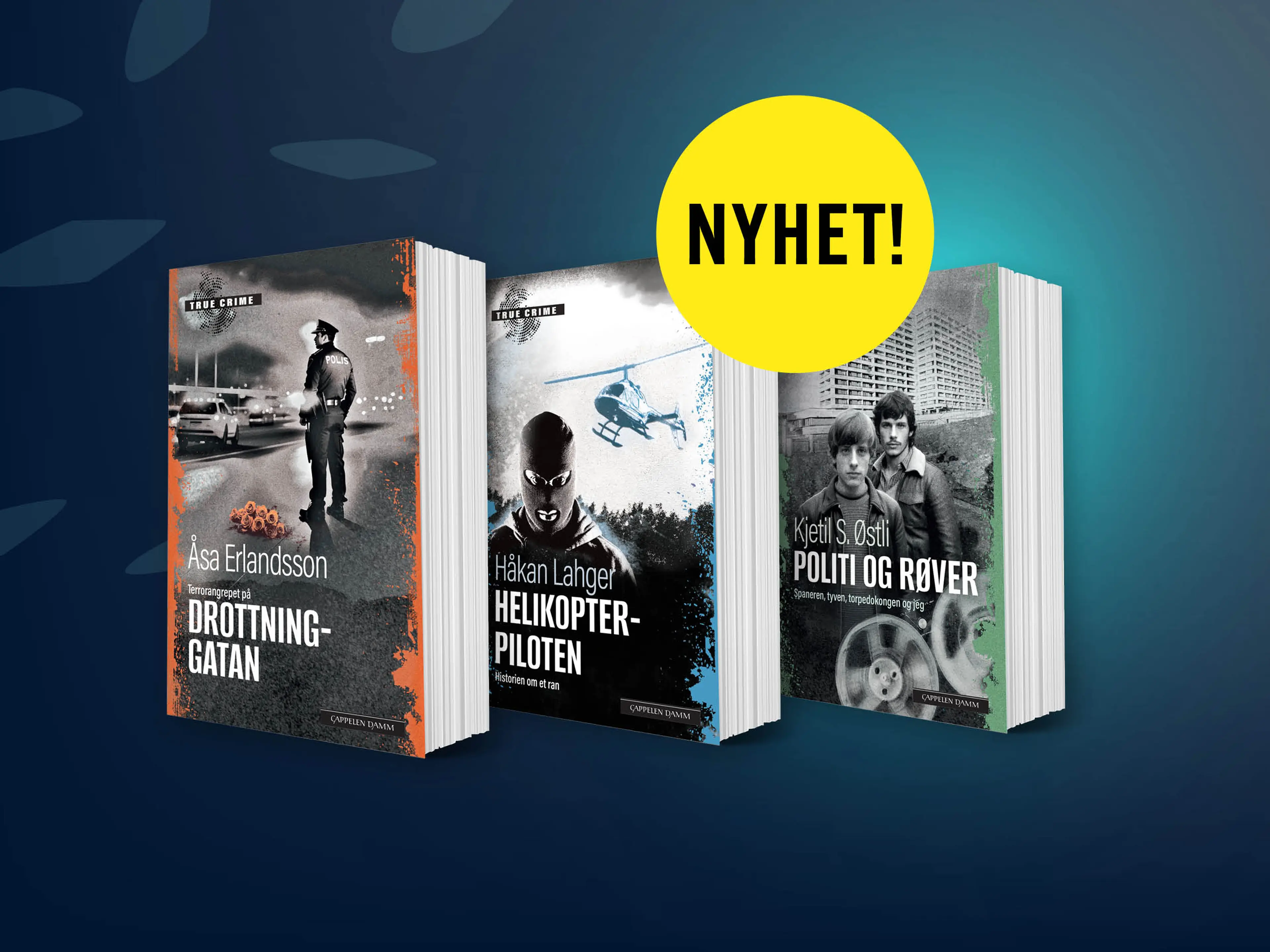 Tre bøker i abonnementet True Crime og bombe med teksten Nyhet