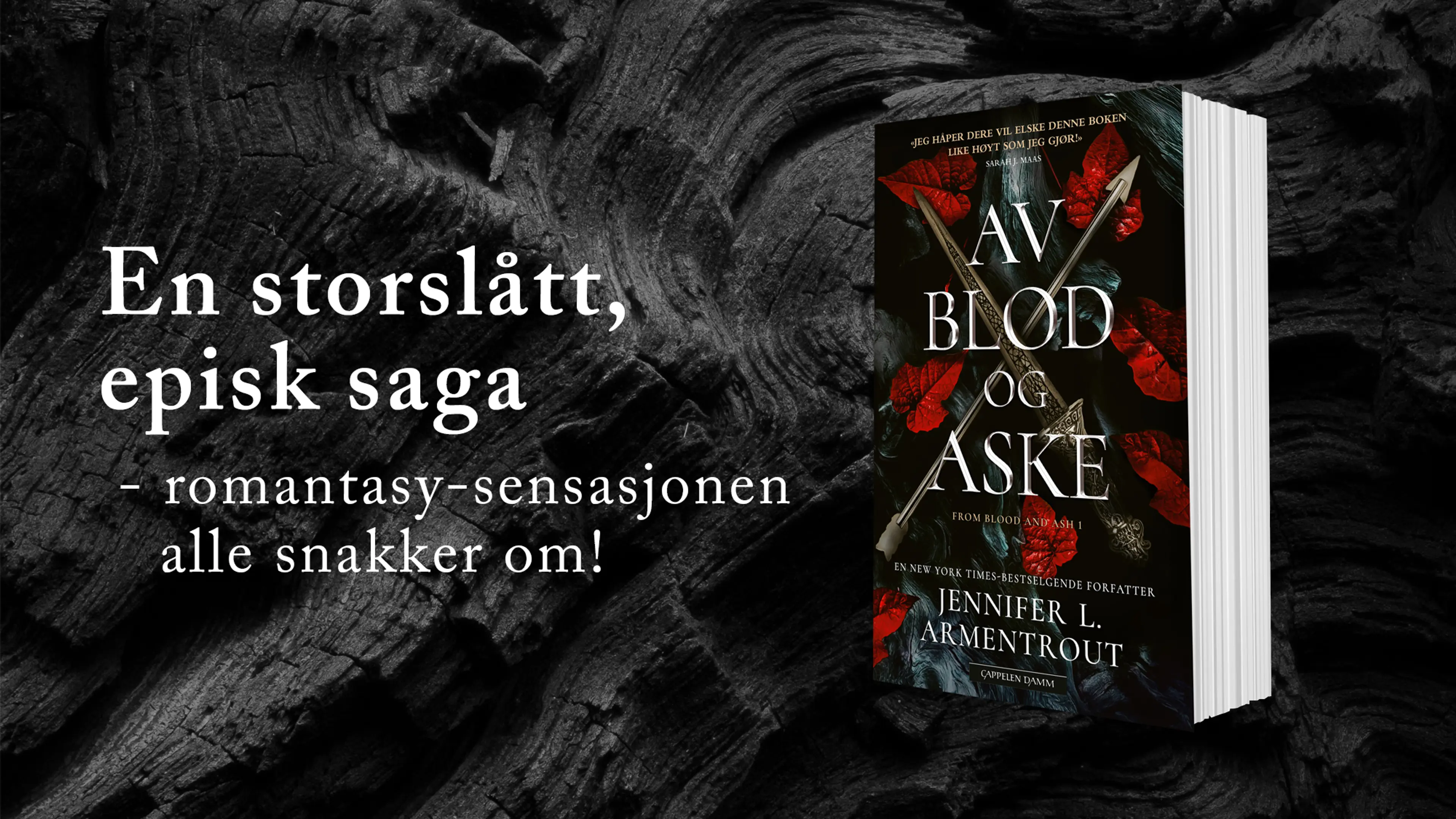 Boken Av blod og aske på sort bakgrunn og teksten En storslått episk saga