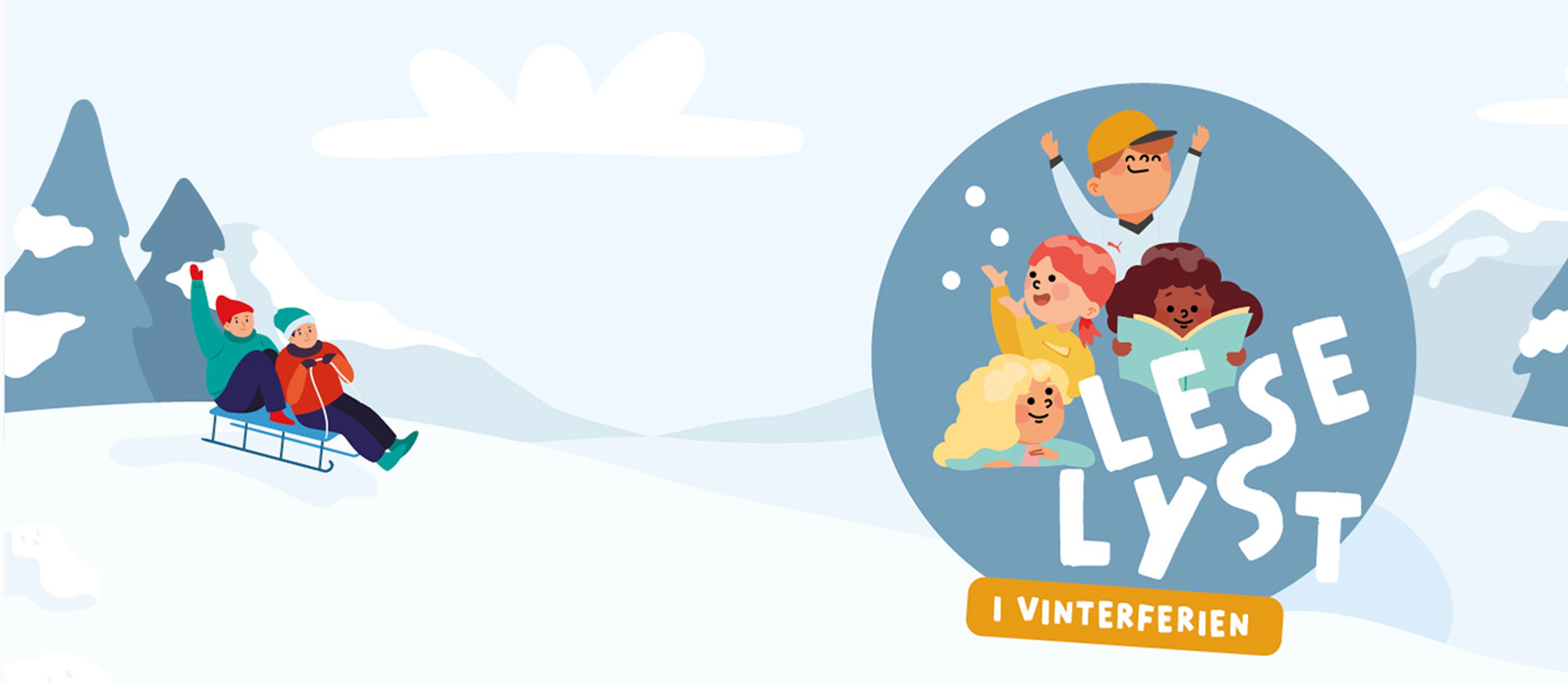 Tegning av noen som aker i skogen med en logo der det står "Leselyst i vinterferien"