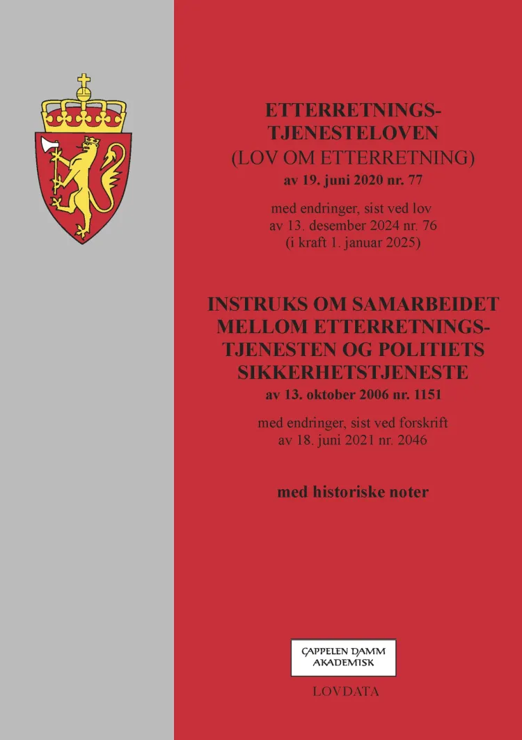 Omslag Etterretningstjenesteloven (lov om etterretningstjenesten) m/instruks (Heftet)