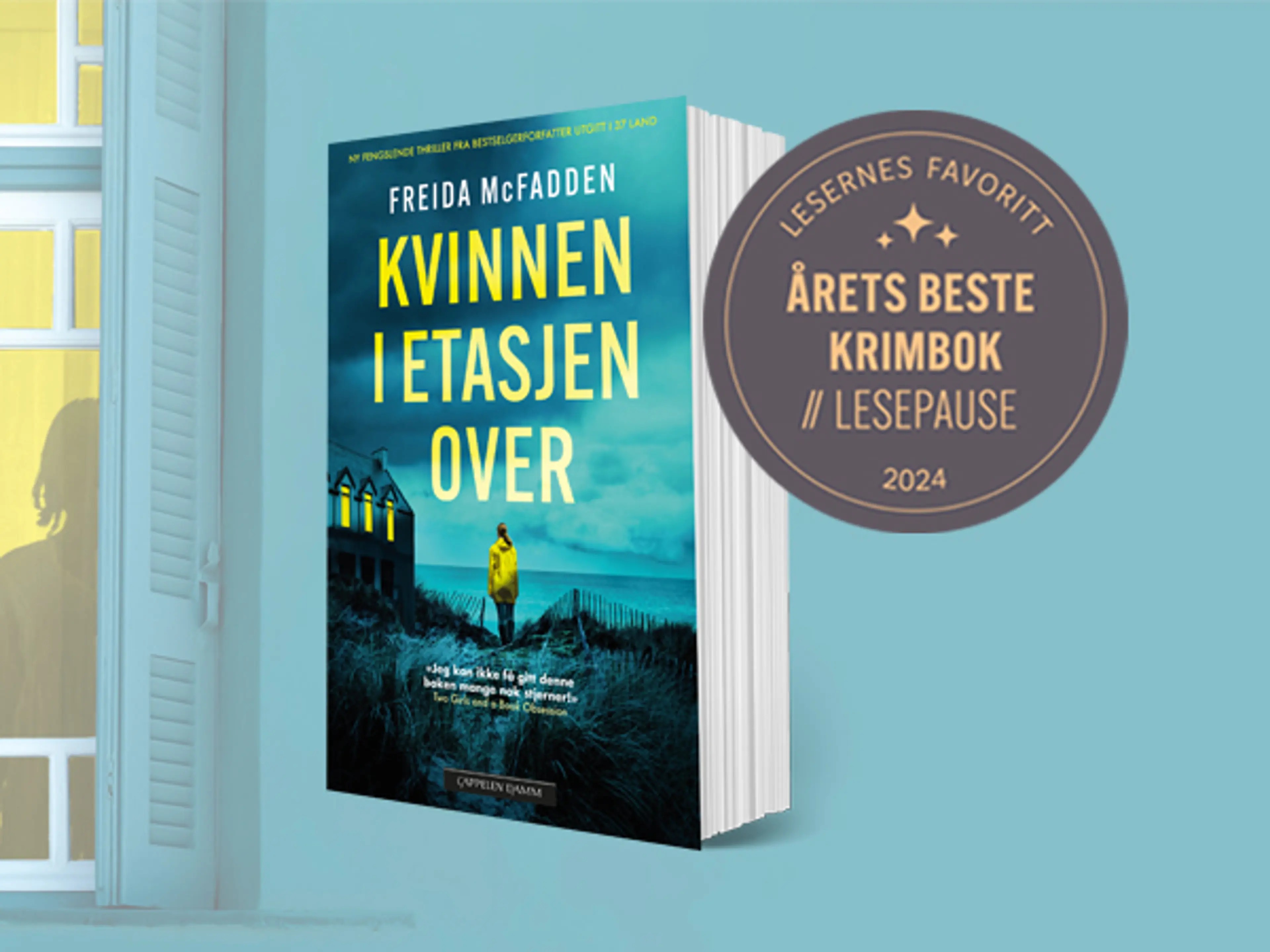 Omslag på boken Kvinnen i etasjen over og bombe med teksten Årets beste krimbok 2024