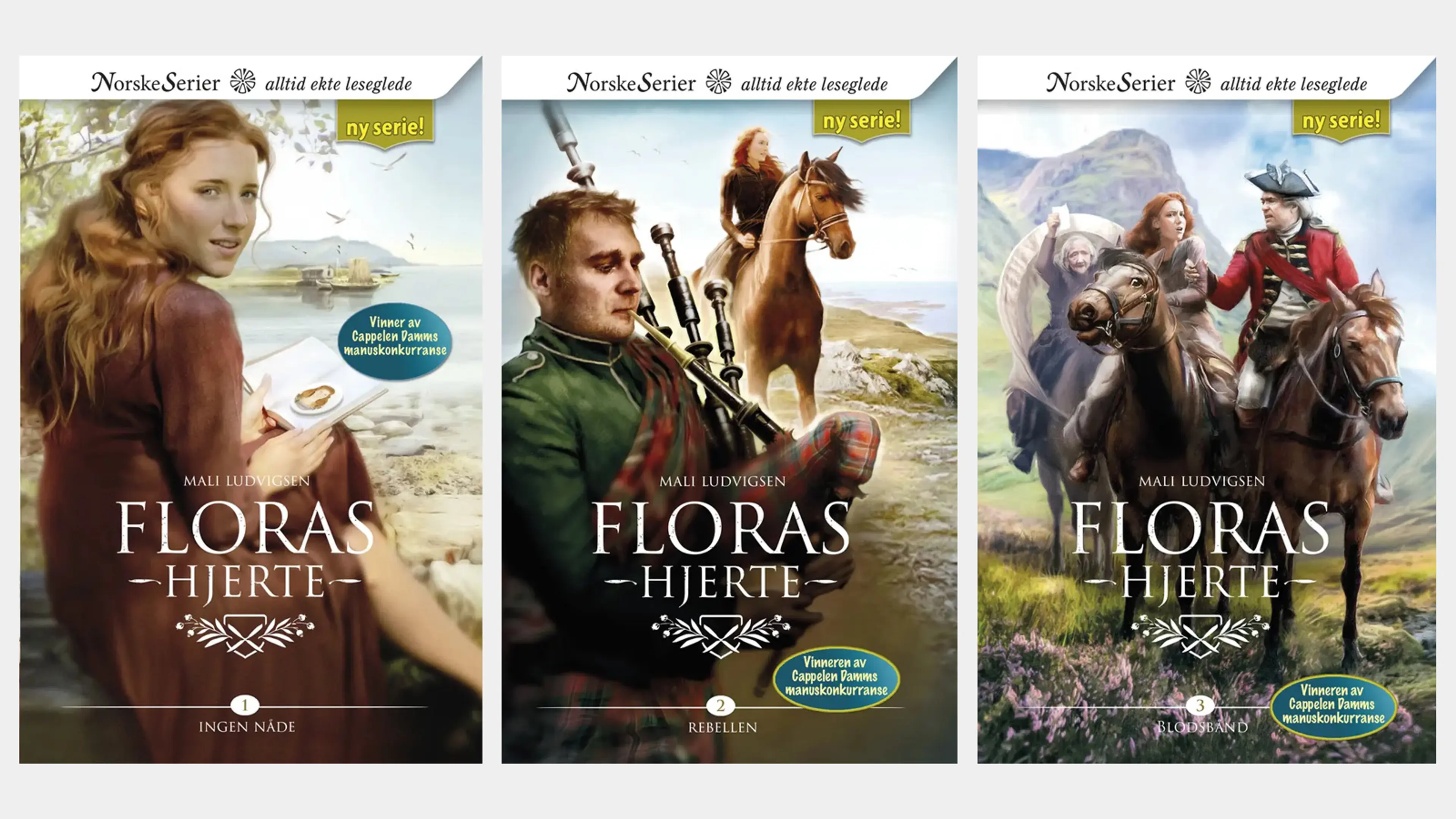 De tre første bøkene i serien Floras hjerte