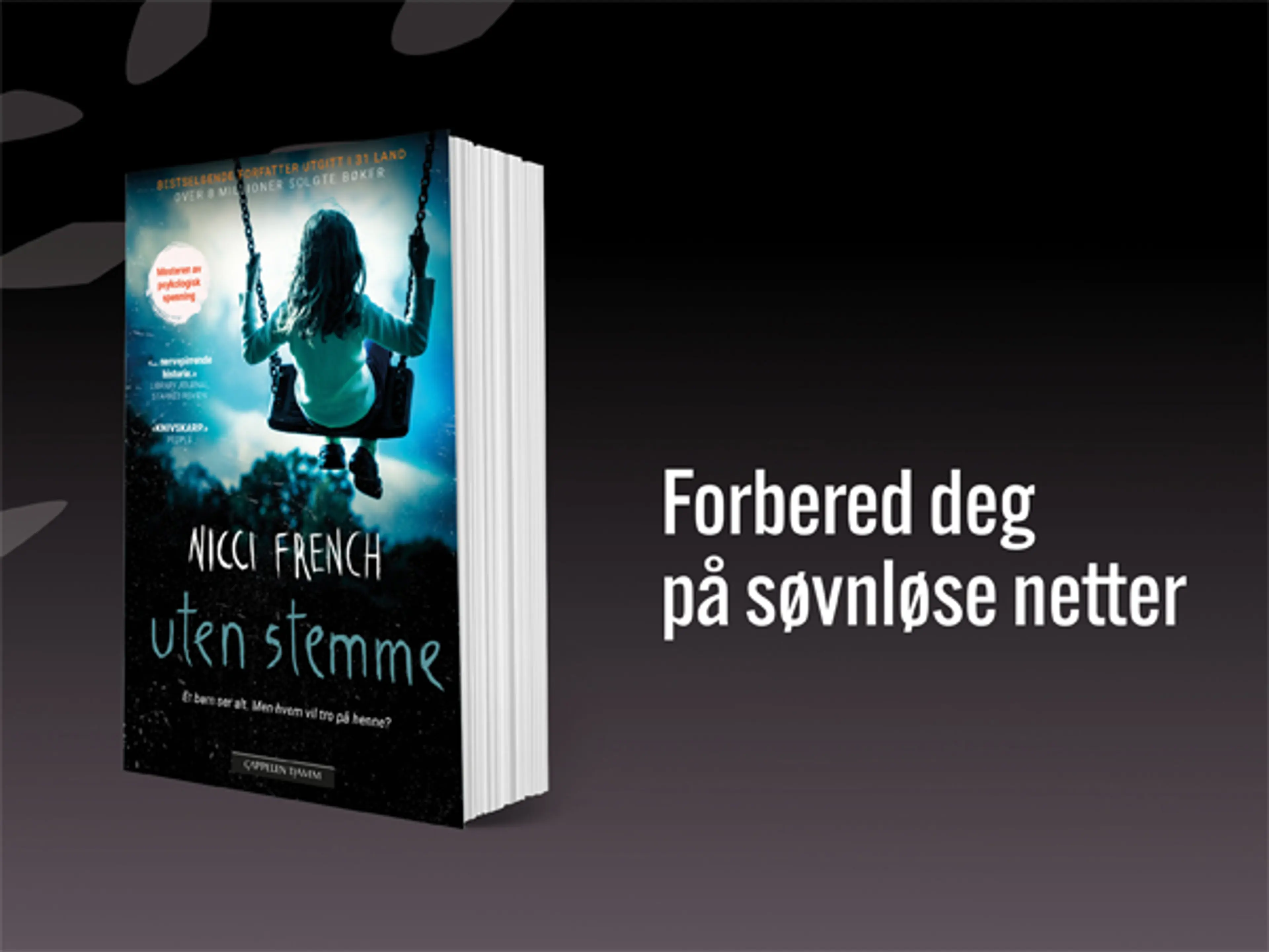 Boken Uten stemme på grå bakgrunn og teksten Forbered deg på søvnløse netter