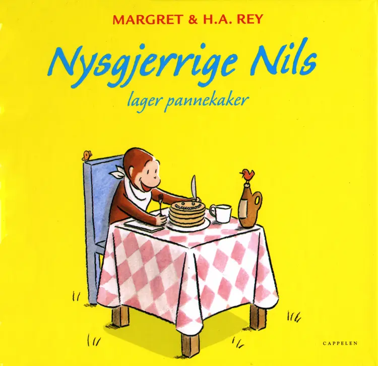Omslag Nysgjerrige Nils lager pannekaker av Margaret og H.A. Rey (Innbundet)