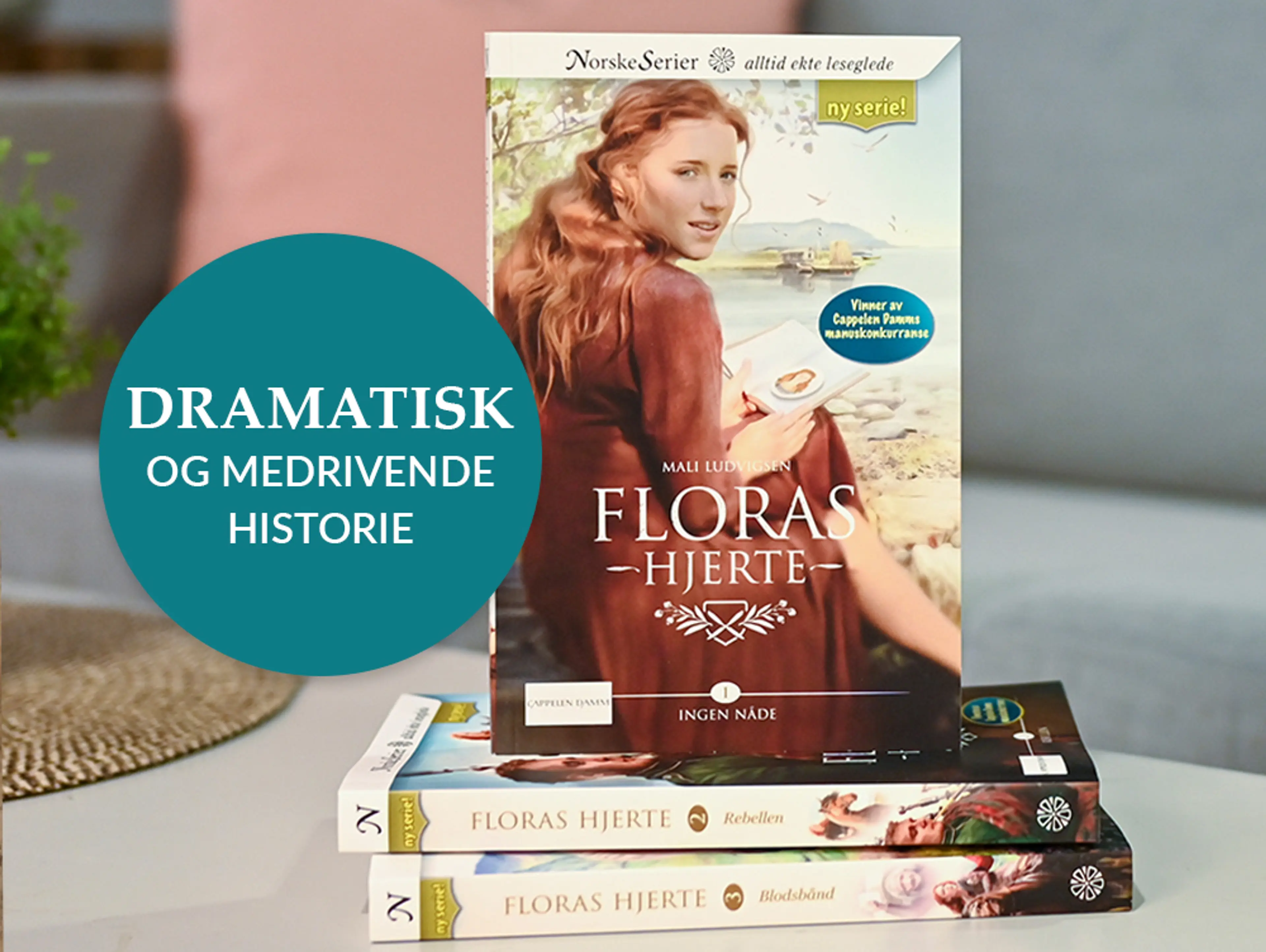 Foto av første bok i serien Floras hjerte