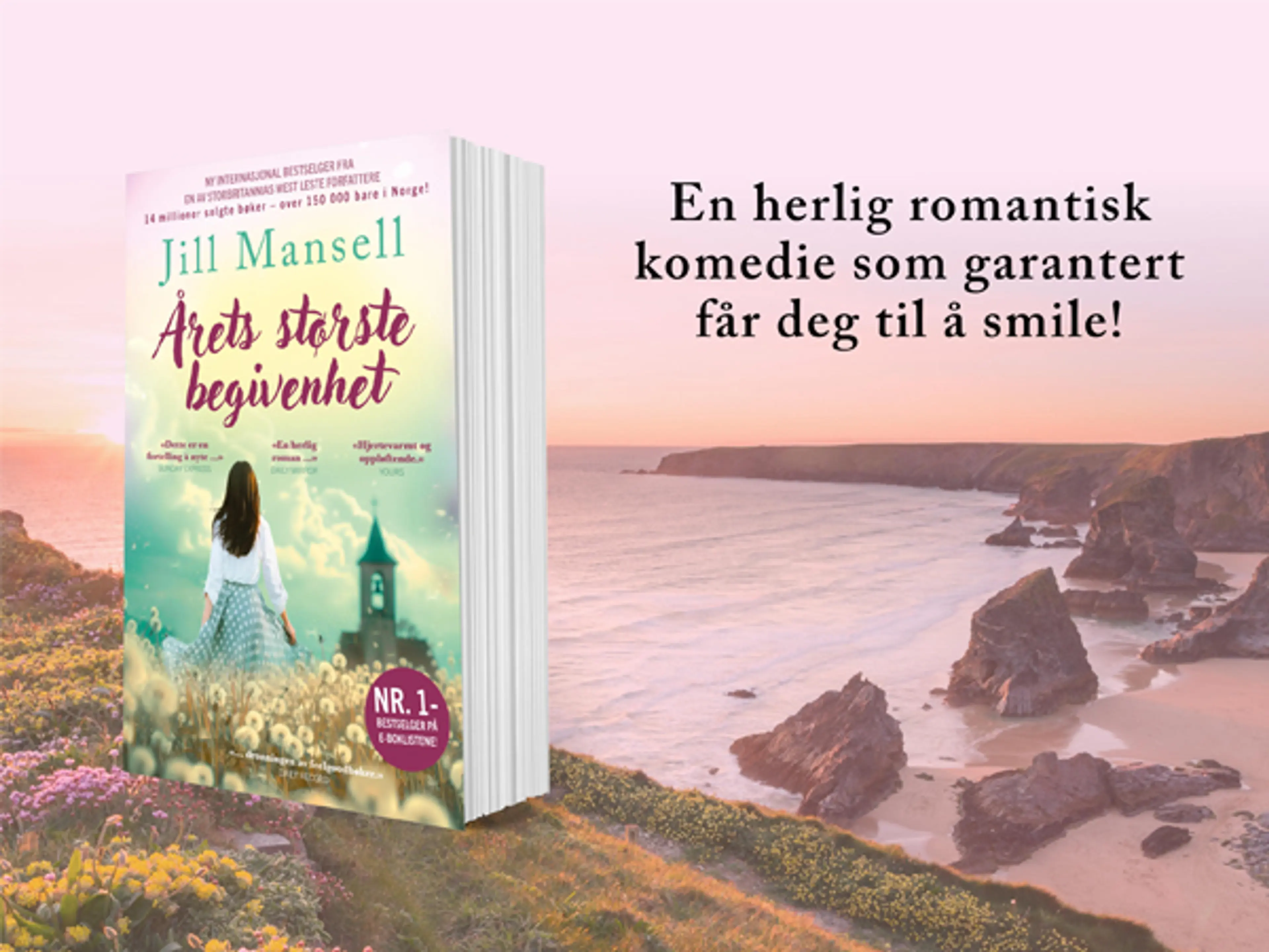 Boken Årets største begivenhet på en bakgrunn som viser en rosa solnedgang over havet