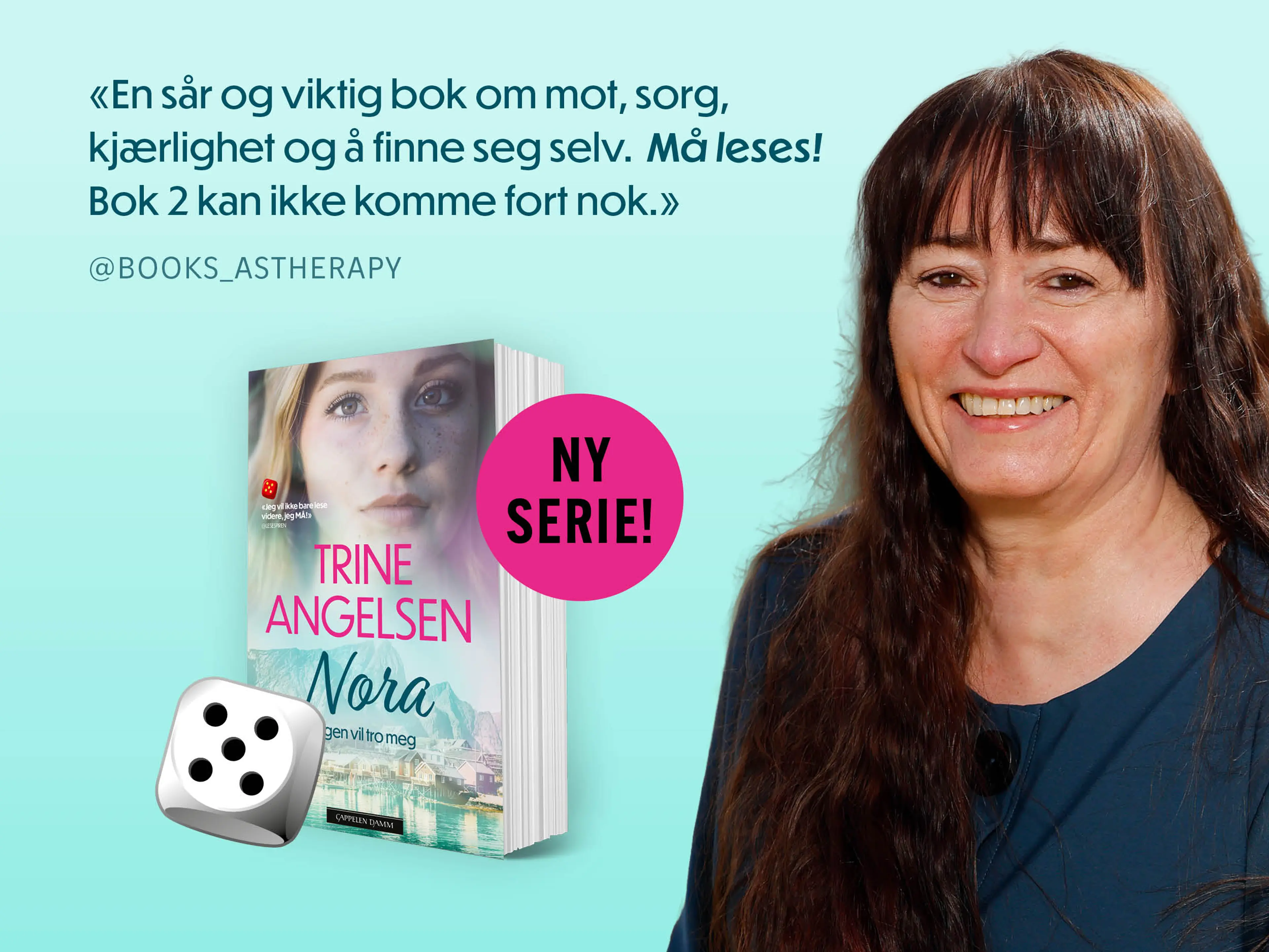 Forfatter Trine Angelsen og første bok i serien Nora