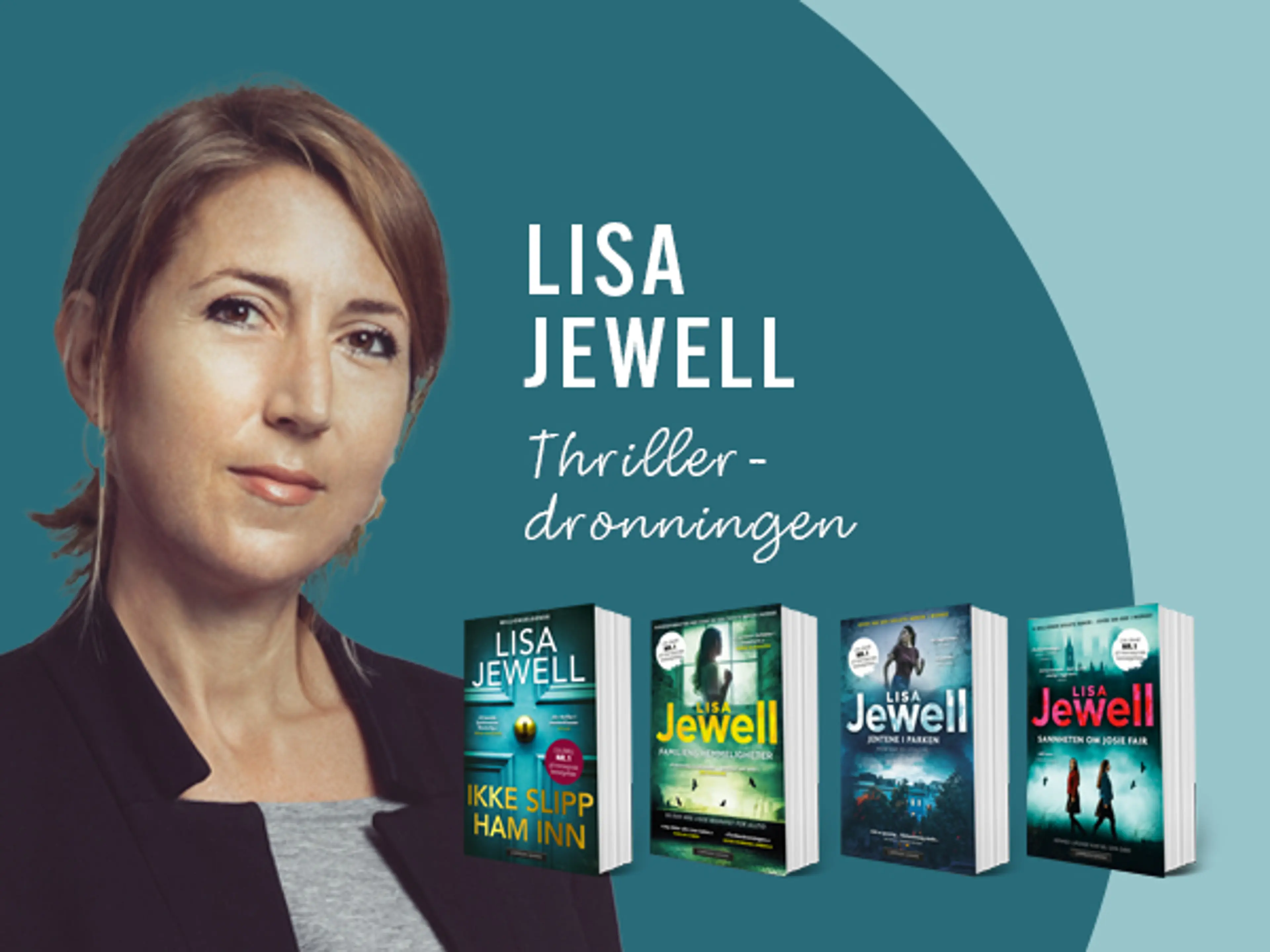 Portrett av Lisa Jewell sammen med fire av bøkene hennes