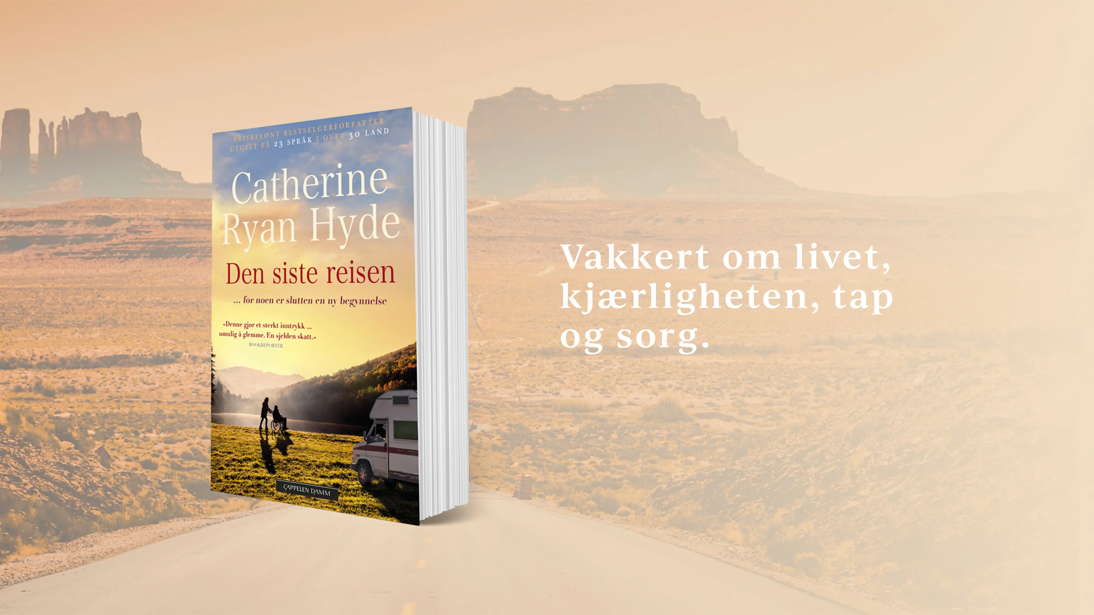 Boken Den siste reisen på en bakgrunn med ørkenlandskap rundt en vei