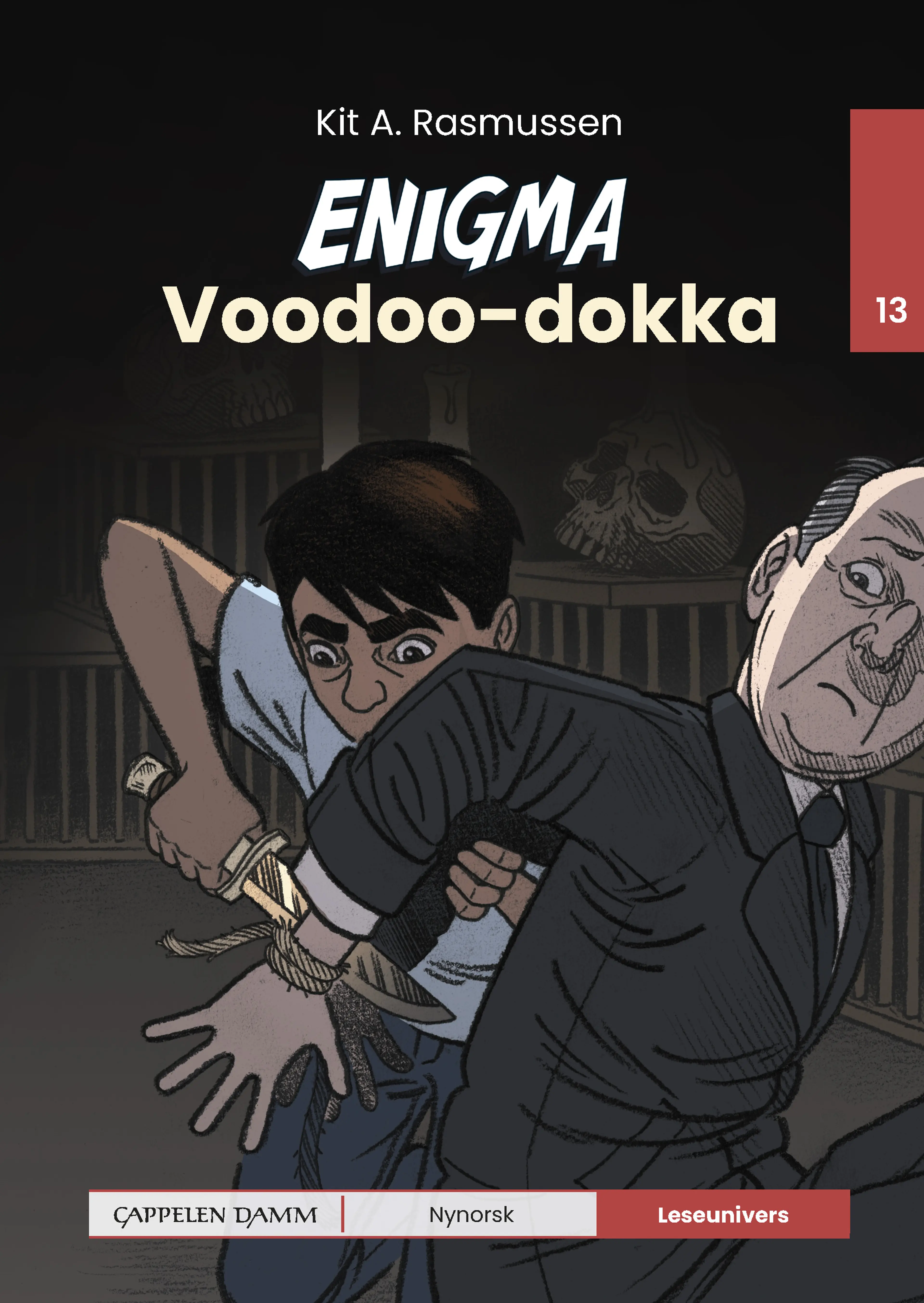 Omslag Leseunivers 13: Enigma - Voodoo-dokka av Kit A. Rasmussen (Innbundet)