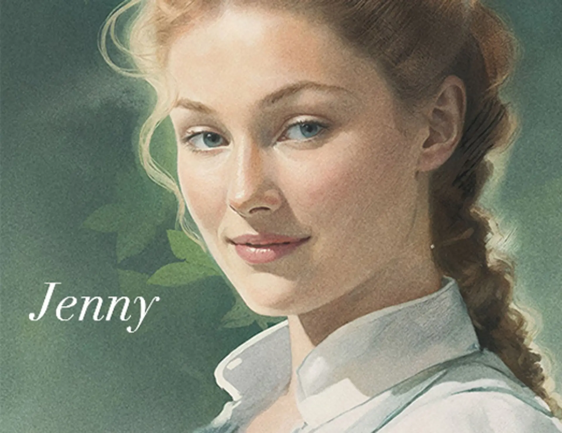 Portrett av Jenny fra Rosehagen, ung jente med rødlig, langt hår og blå øyne. Illustrasjon