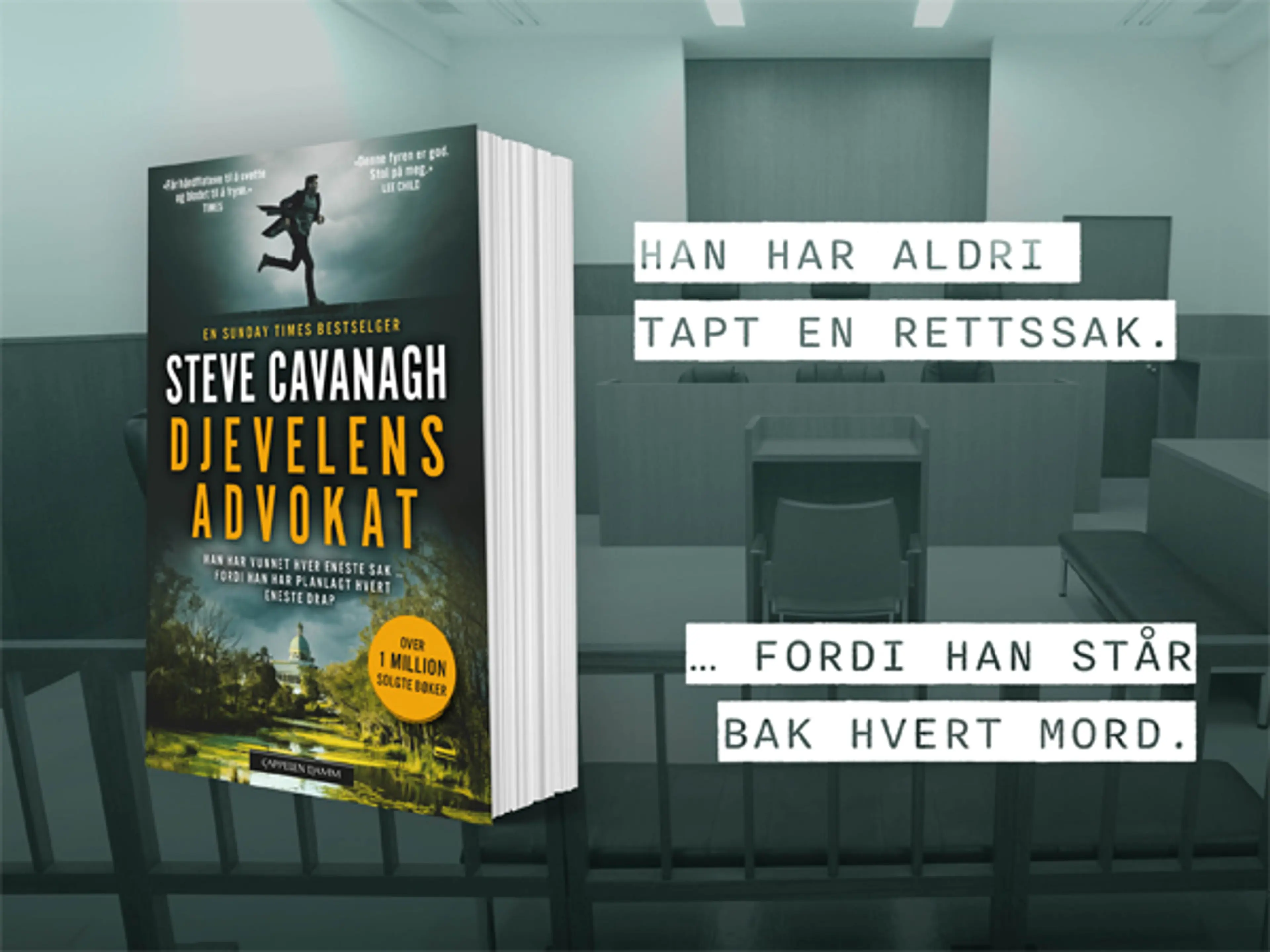 Boken Djevelens advokat på en bakgrunn med bilde av en rettssal