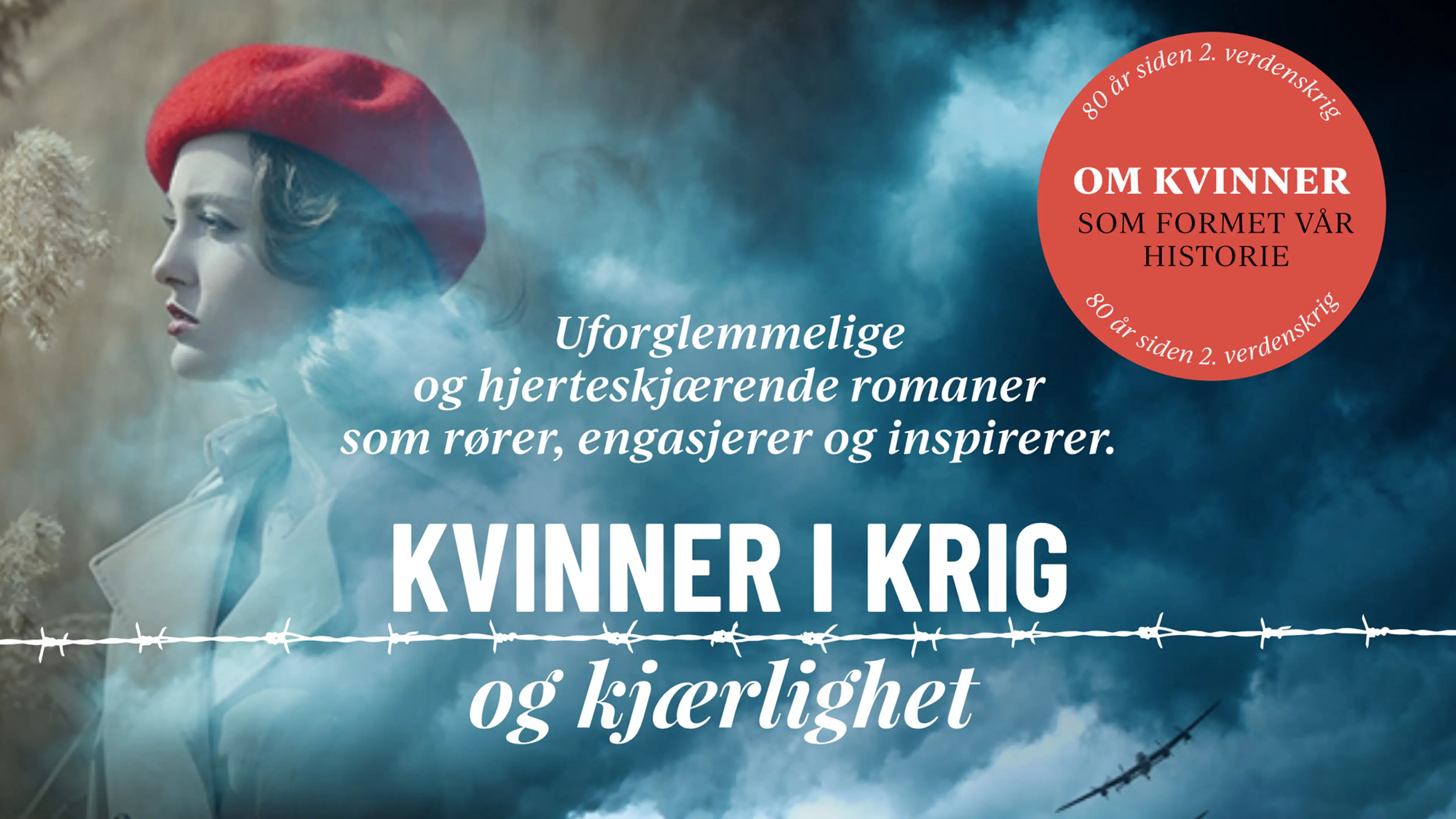 En kvinne med rød alpelue, jagerfly på mørk himmel og logo til abonnementet Kvinner i krig og kjærlighet