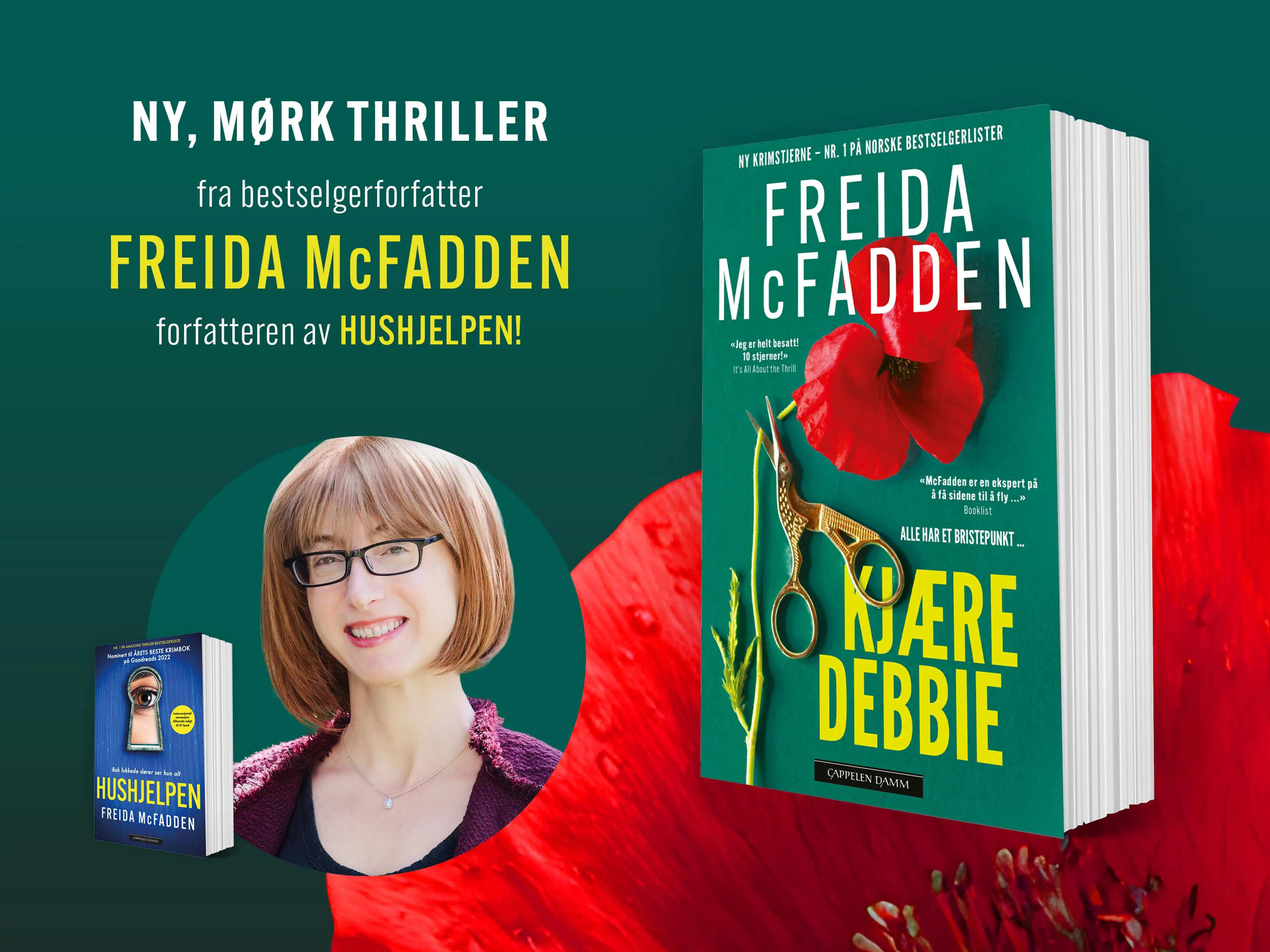 Boken Kjære Debbie på mørkegrønn bakgrunn med store røde valmuer