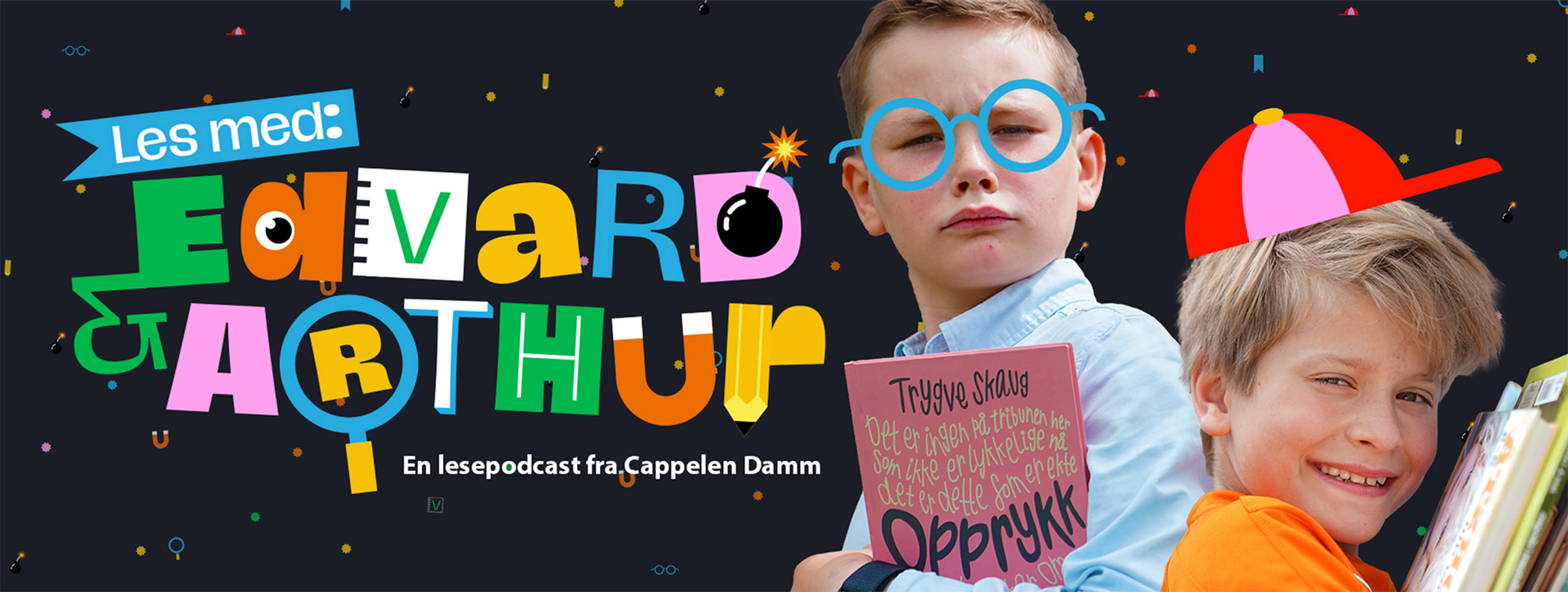 Les med: Edvard og Arthur - En lesepodcast fra Cappelen Damm. Bilde av to gutter som holder bøker.