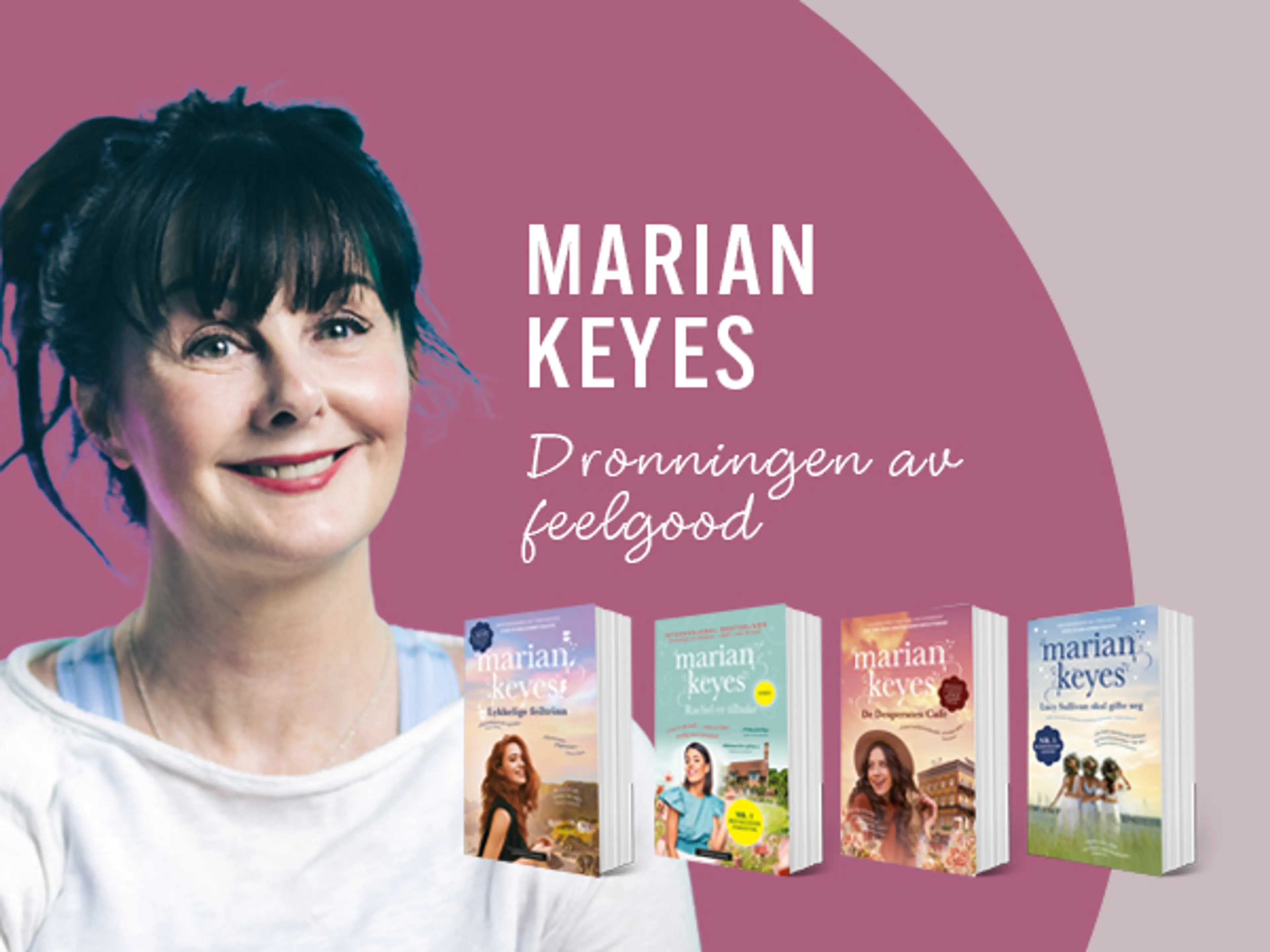 Portrett av forfatter Marian Keyes og fire av hennes bøker på rosa bakgrunn