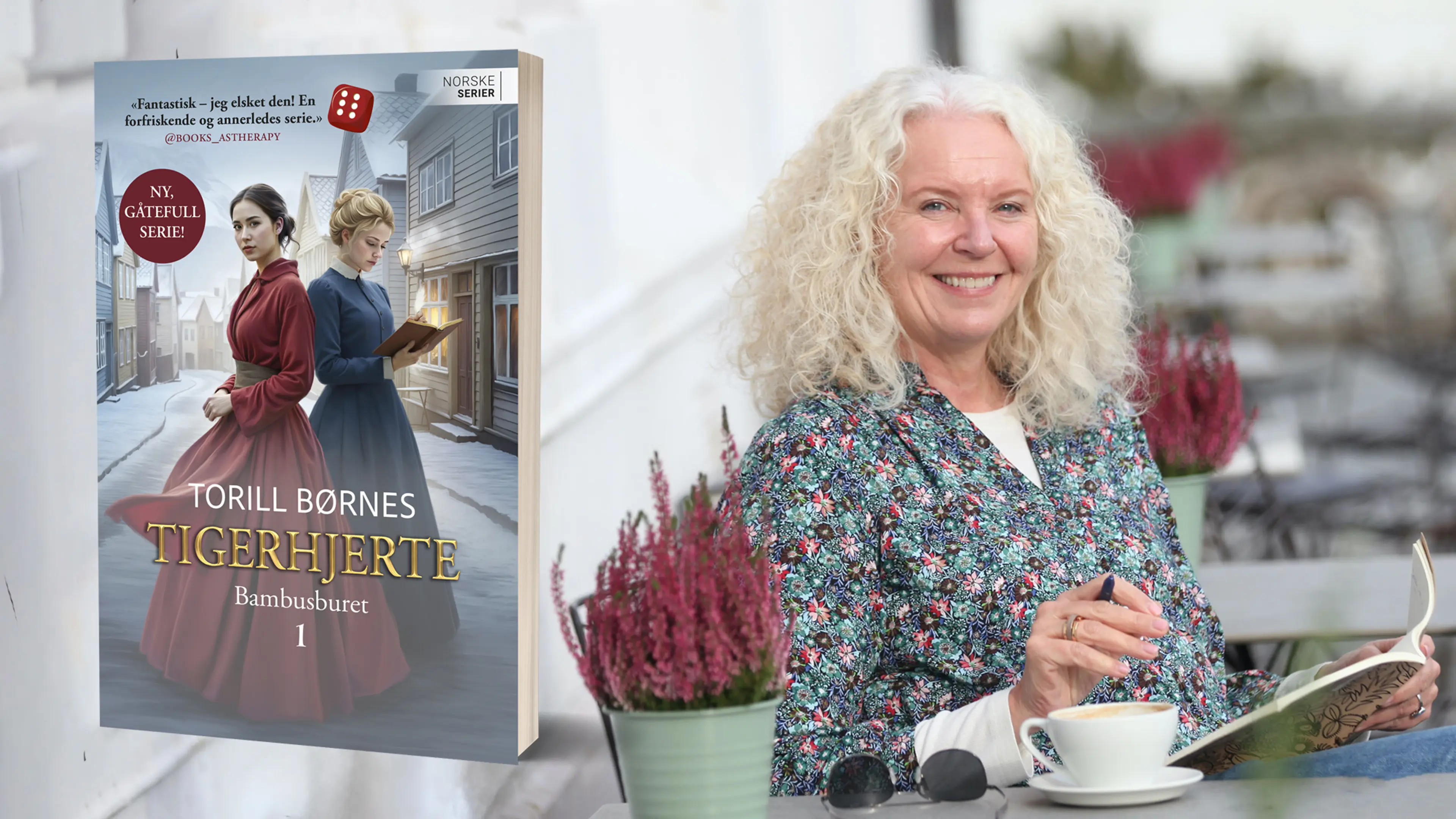 Foto av forfatter Torill Børnes og omslag på bok 1 i serien Tigerhjerte