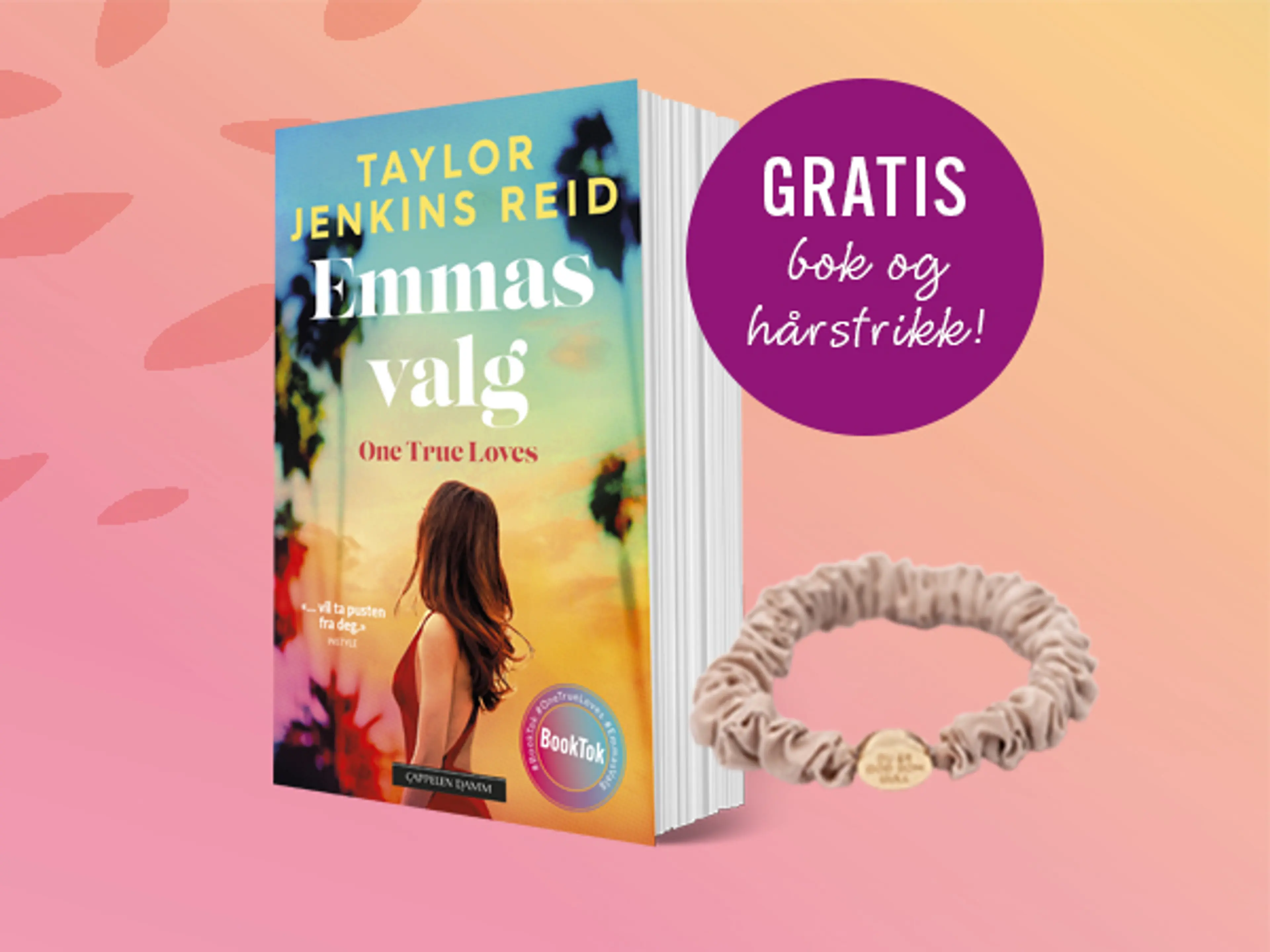 Boken Emmas valg og hårstrikk og bombe med teksten gratis bok og hårstrikk