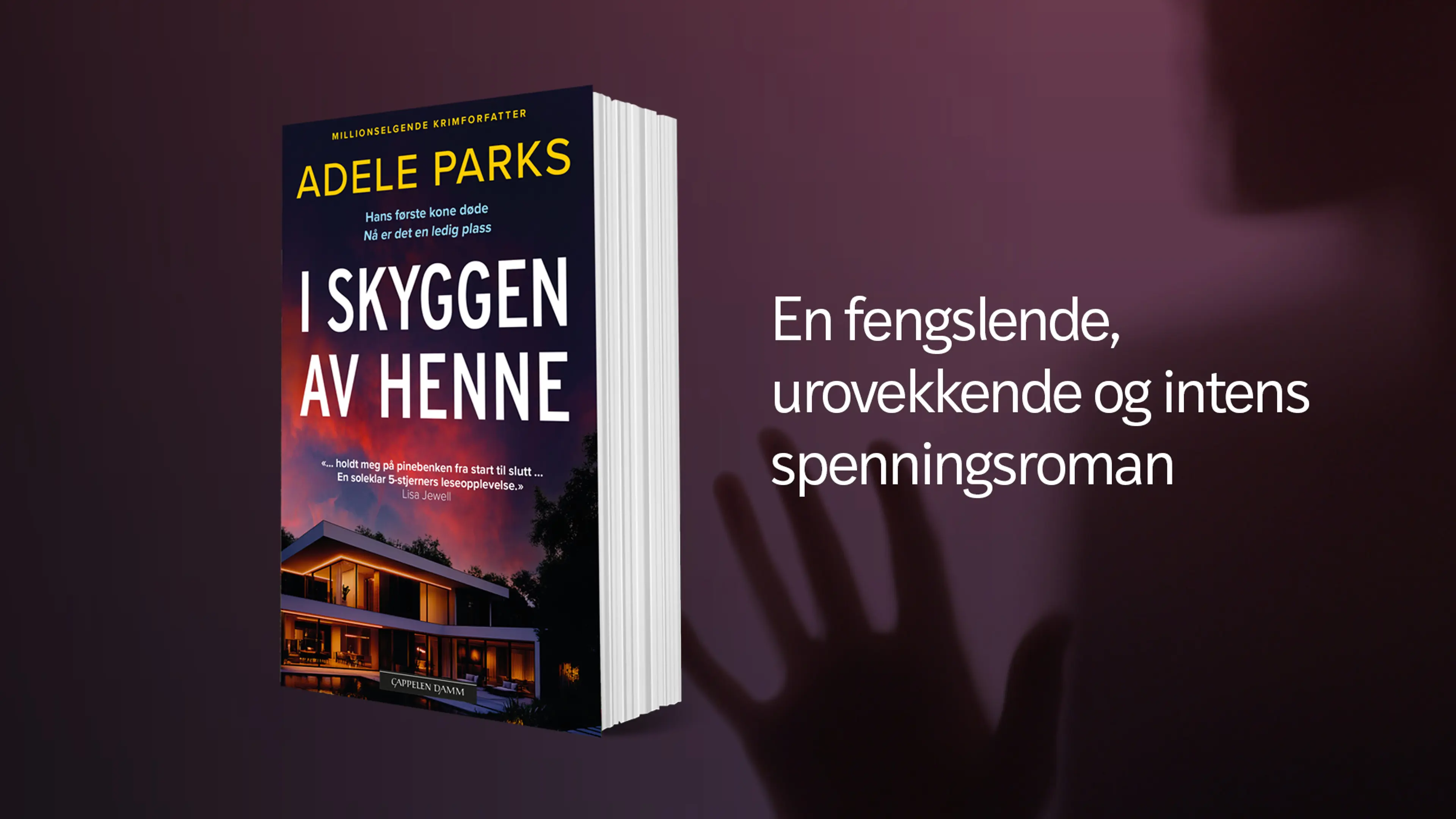 Boken I skyggen av henne på en bakgrunn med silhuett av en mørk hånd