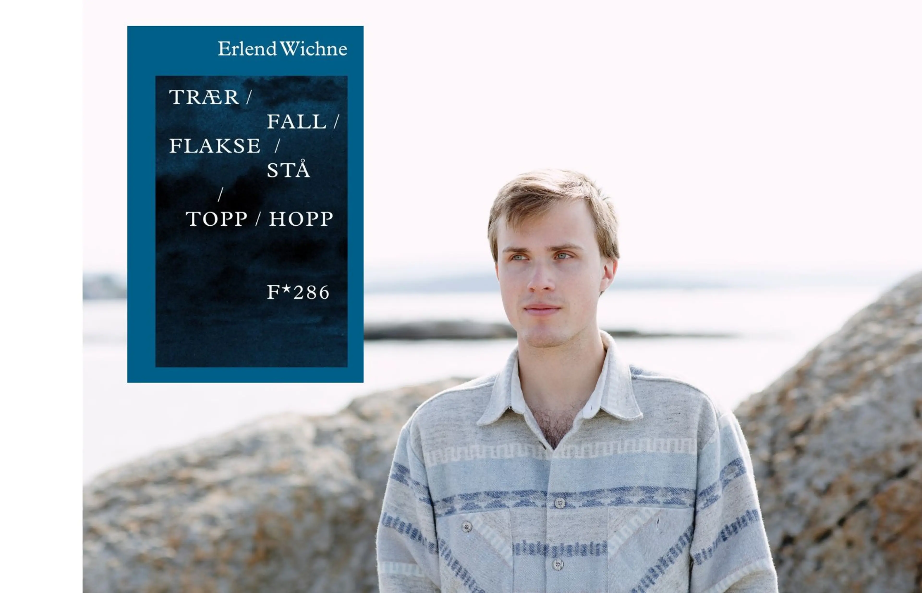 Erlend Wichne i skjærgården med omslag på boka trær / fall / flakse / stå / topp / hopp