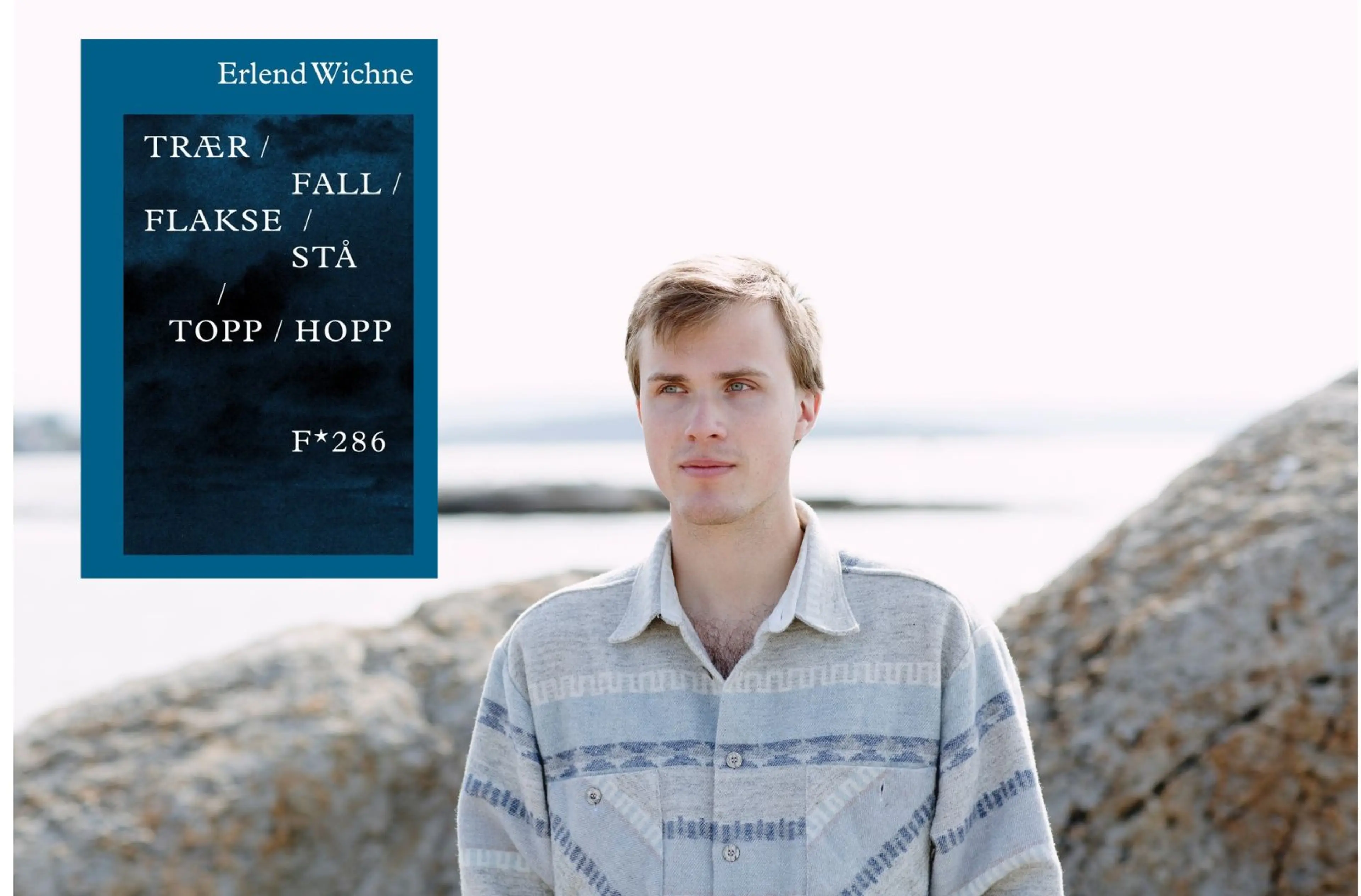 Erlend Wichne i skjærgården med omslag på boka trær / fall / flakse / stå / topp / hopp