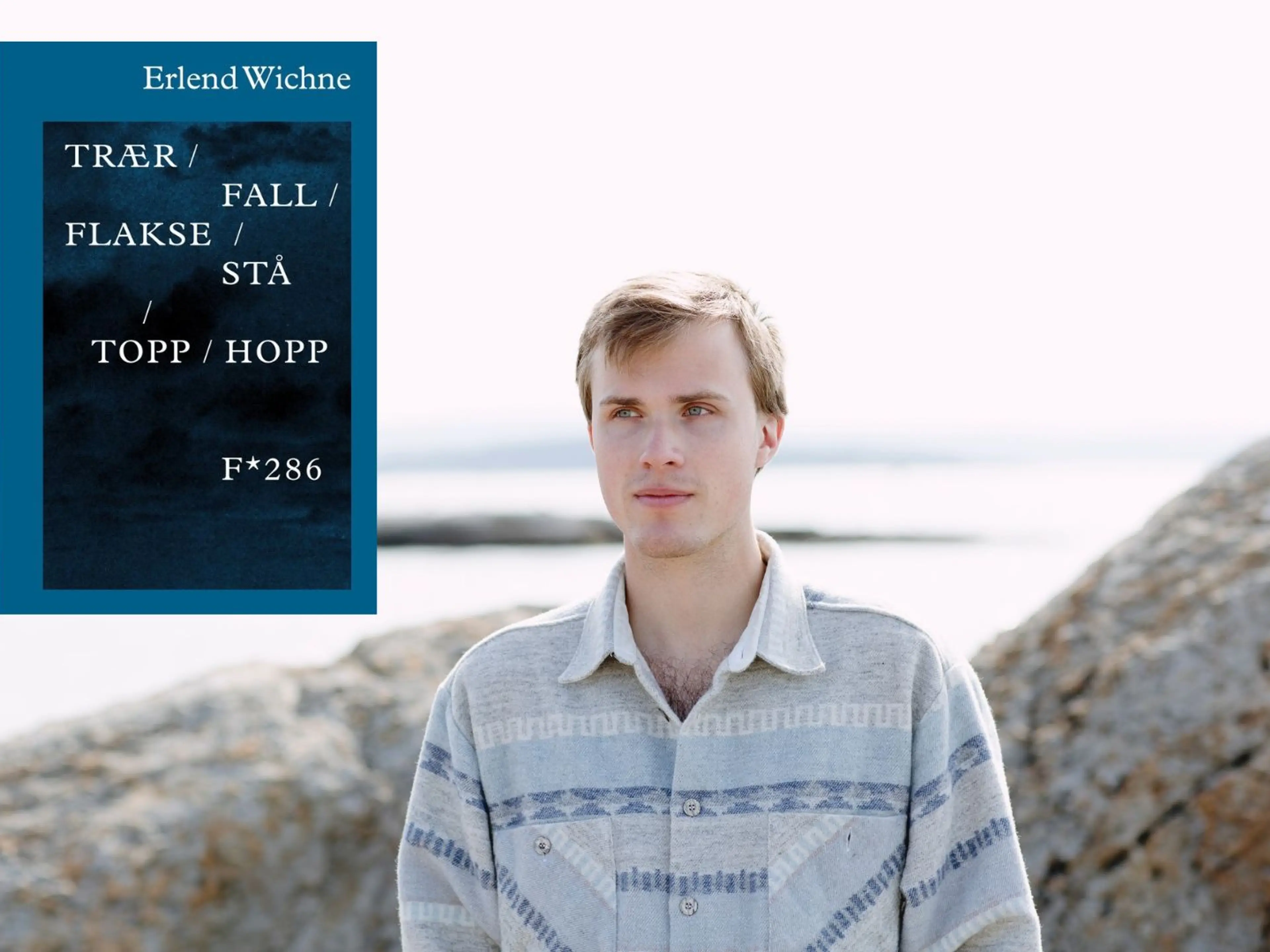 Erlend Wichne i skjærgården med omslag på boka trær / fall / flakse / stå / topp / hopp