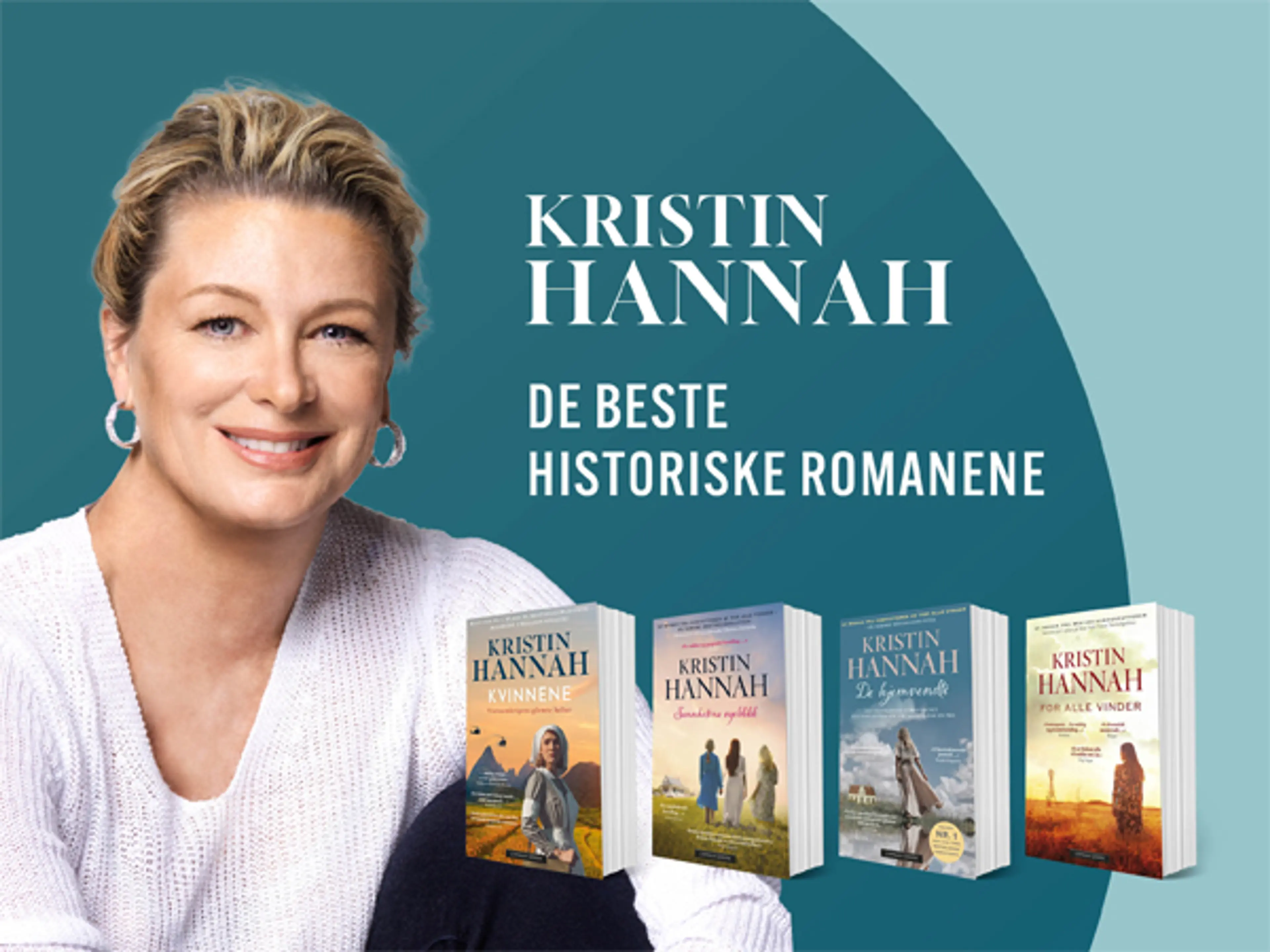 Portrett av forfatter Kristin Hannah og omslag på fire av hennes bøker
