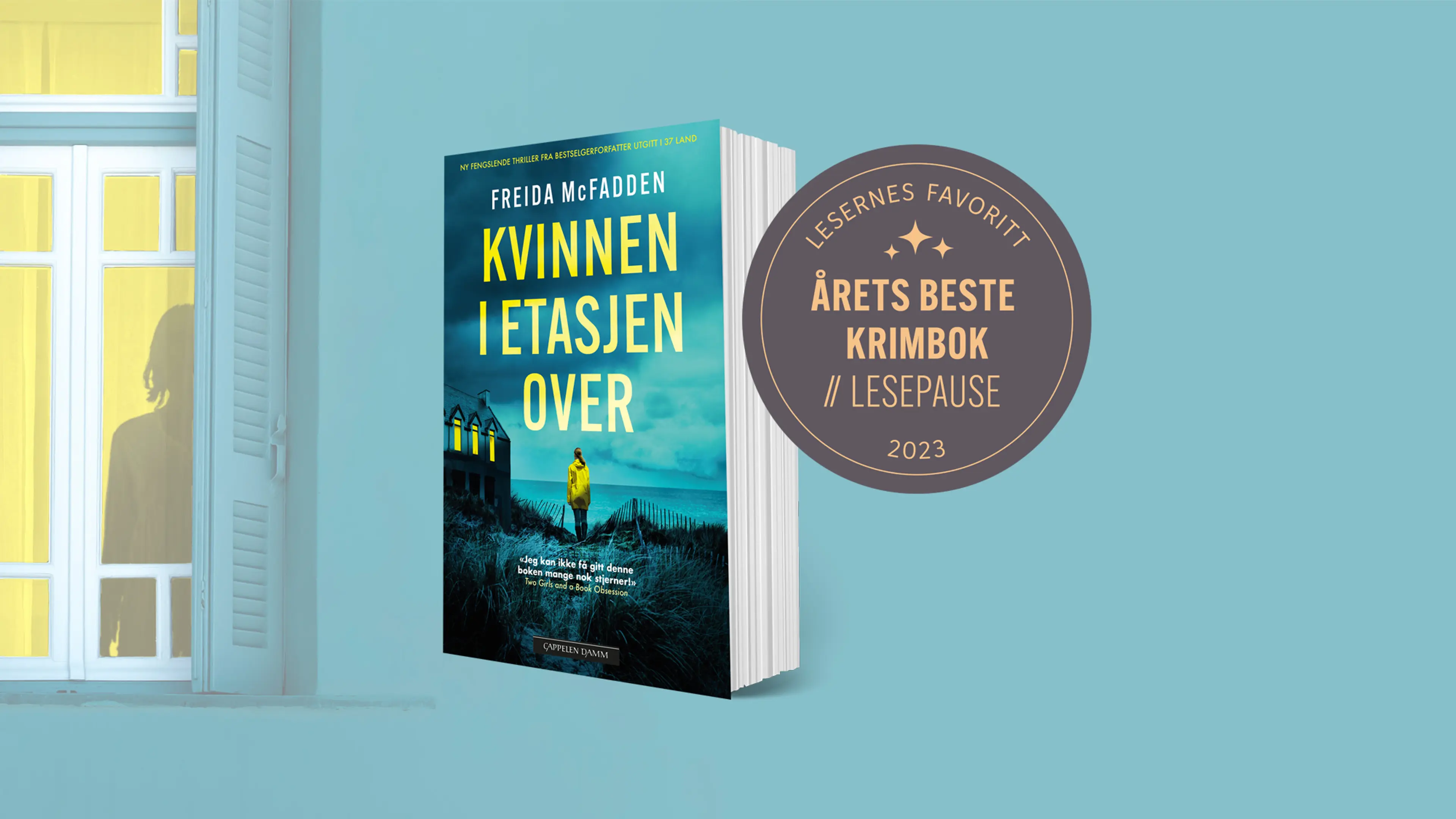Boken Kvinnen i etasjen over og bombe med teksten Årets beste krimbok 2024