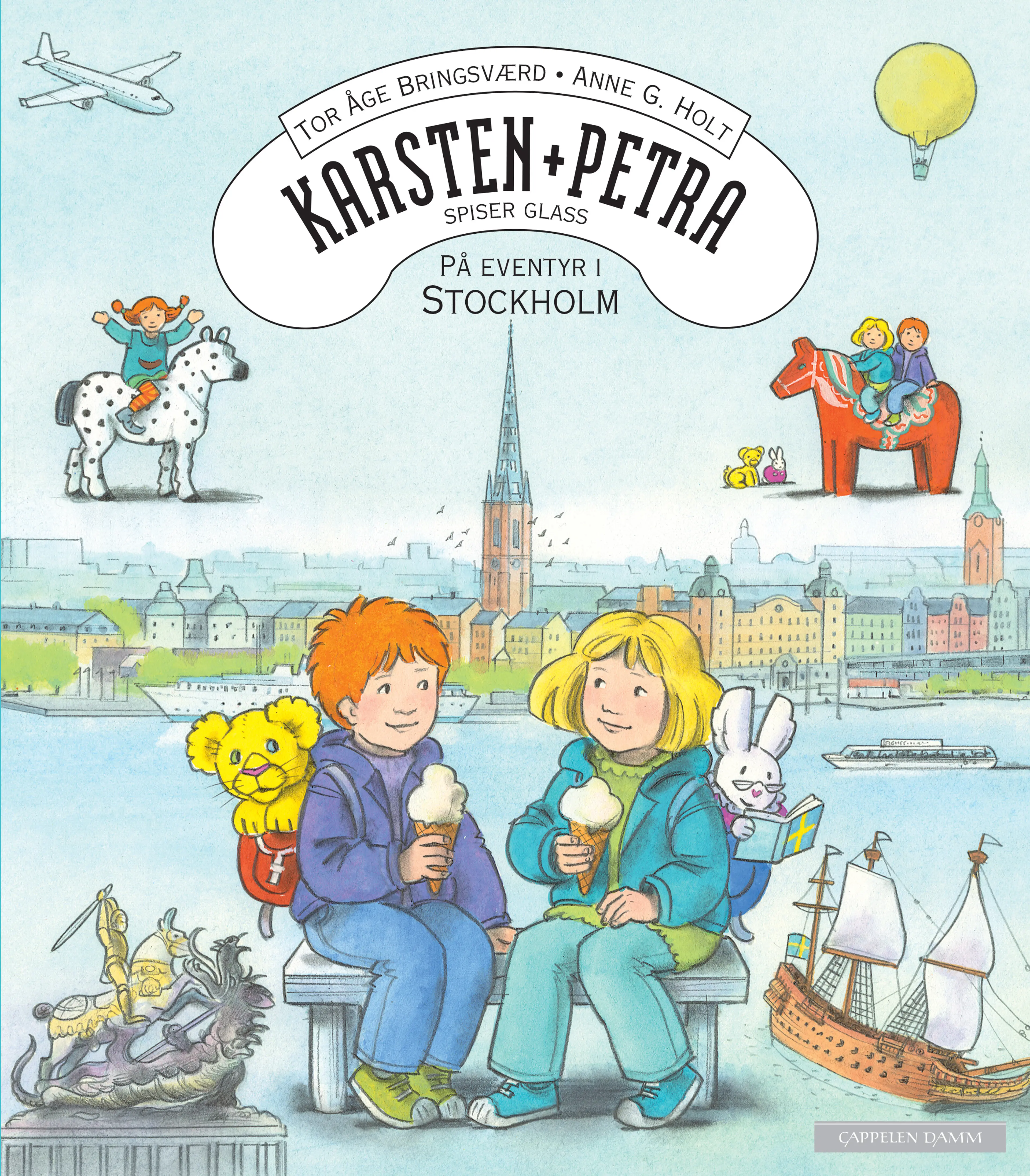 Omslag Karsten og Petra spiser glass - På eventyr i Stockholm av Tor Åge Bringsværd og Anne G. Holt (Innbundet)