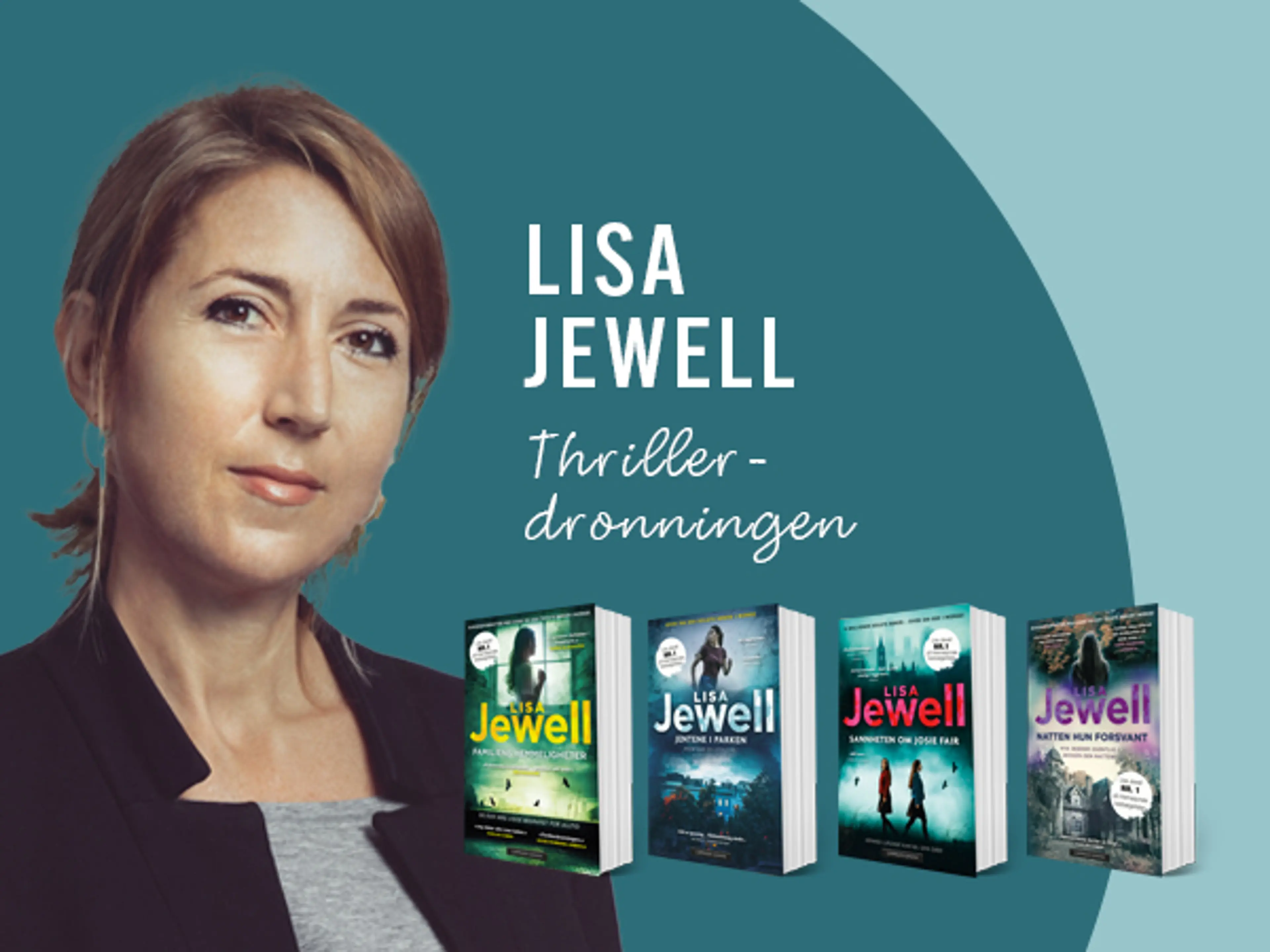 Portrett av forfatter Lisa Jewell og fire av hennes bøker på turkis bakgrunn