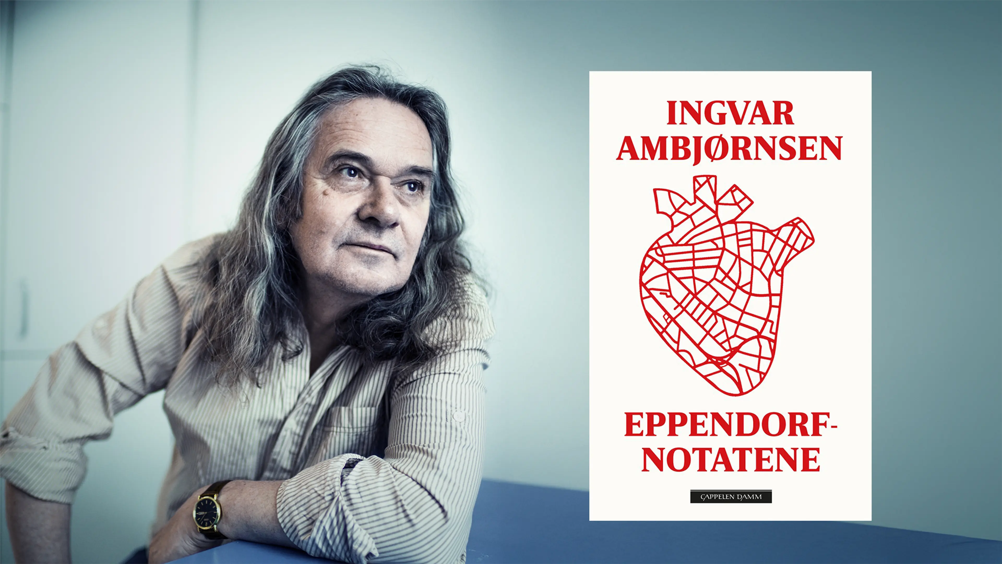 Foto av Ingvar Ambjørnsen med omslag til Eppendorf-notatene