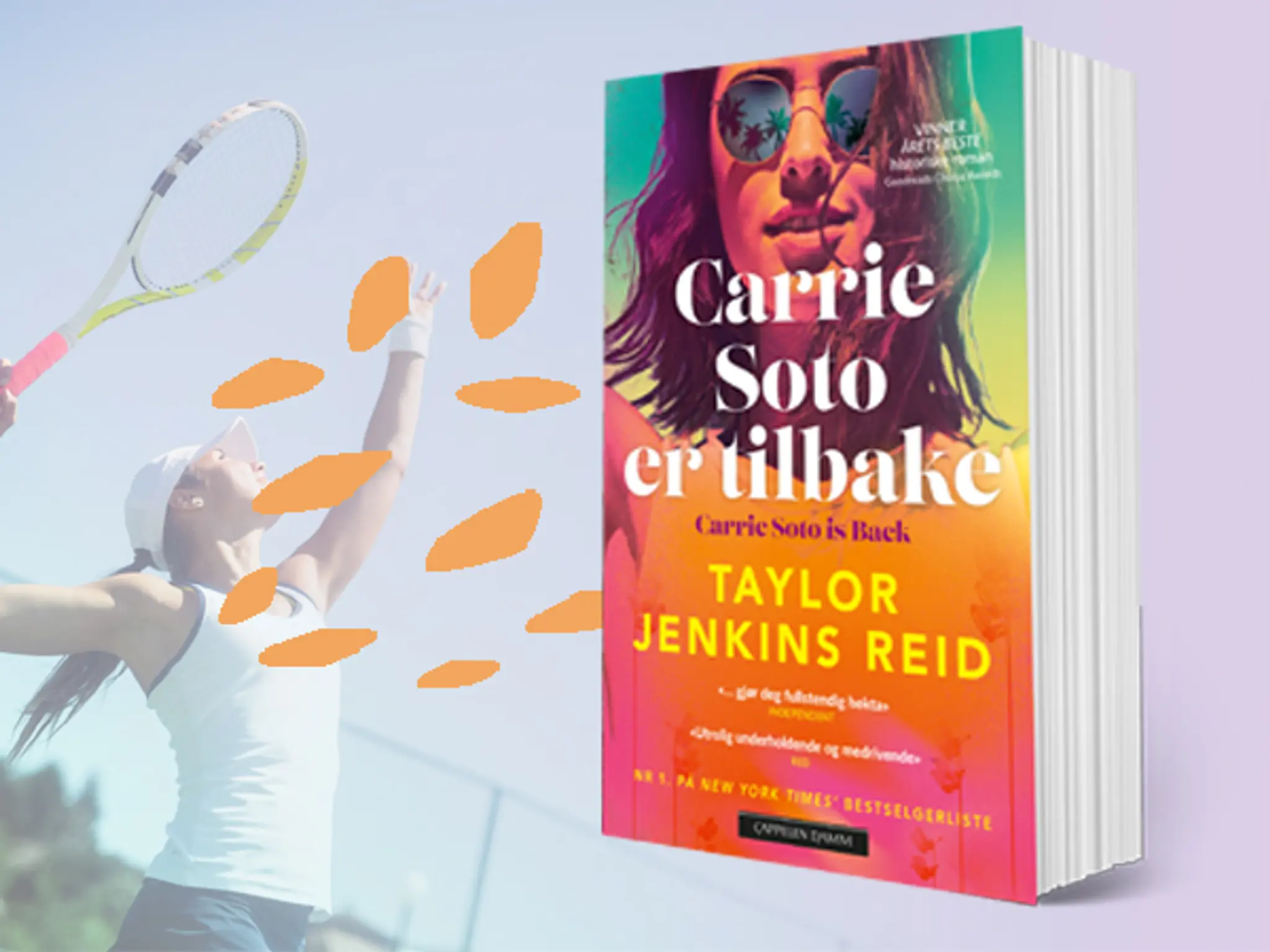 Omslag på boken Carrie Soto er tilbake på en lyseblå bakgrunn med en tennisspiller.