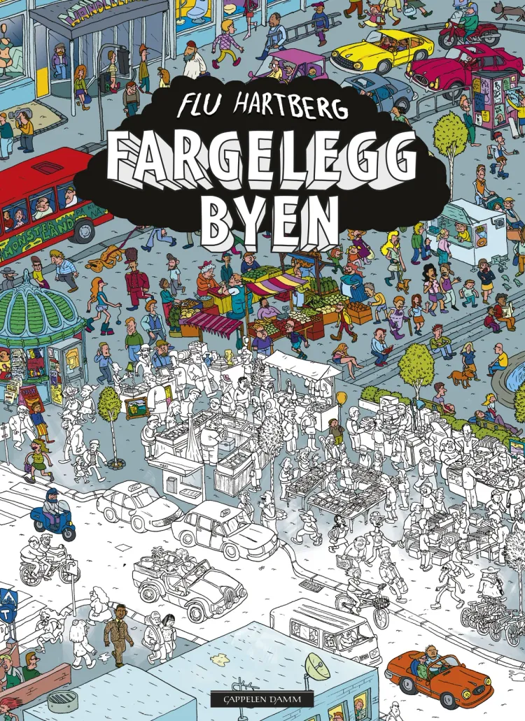 Omslag Fargelegg byen av Flu Hartberg (Heftet)