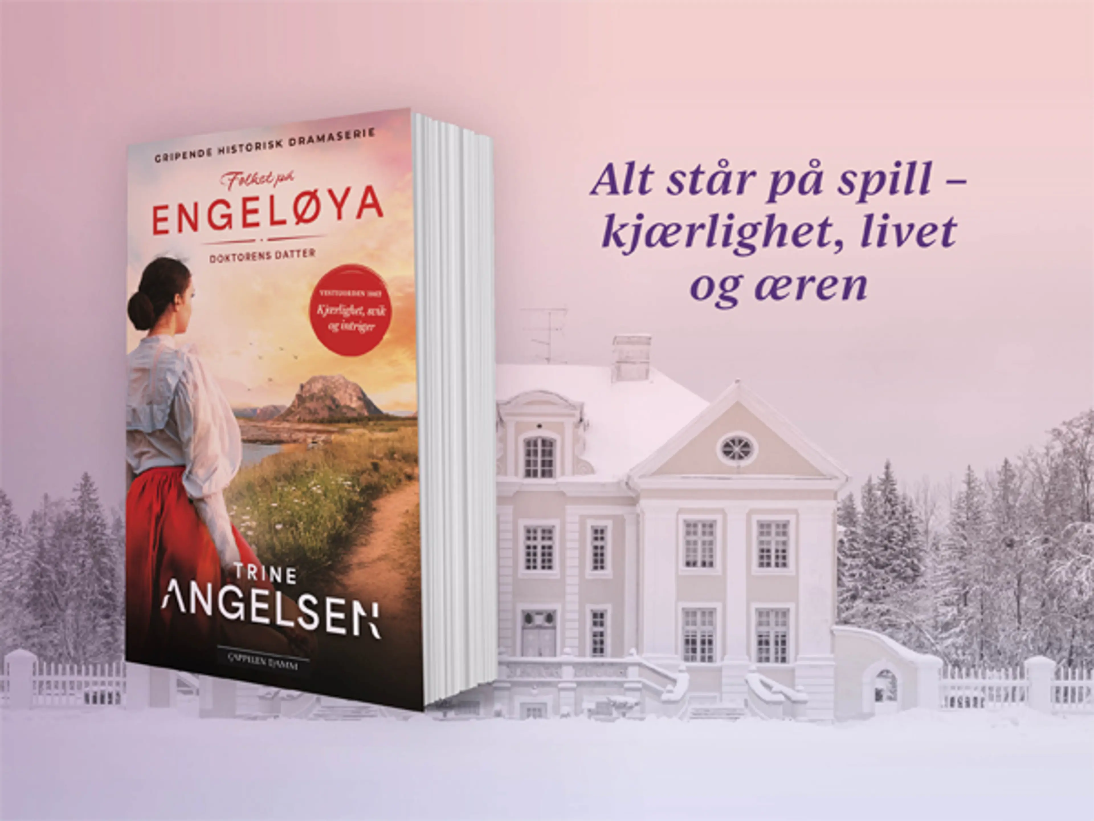 Boken Doktorens datter på en bakgrunn med vinterlandskap og et hus i herregårdsstil.