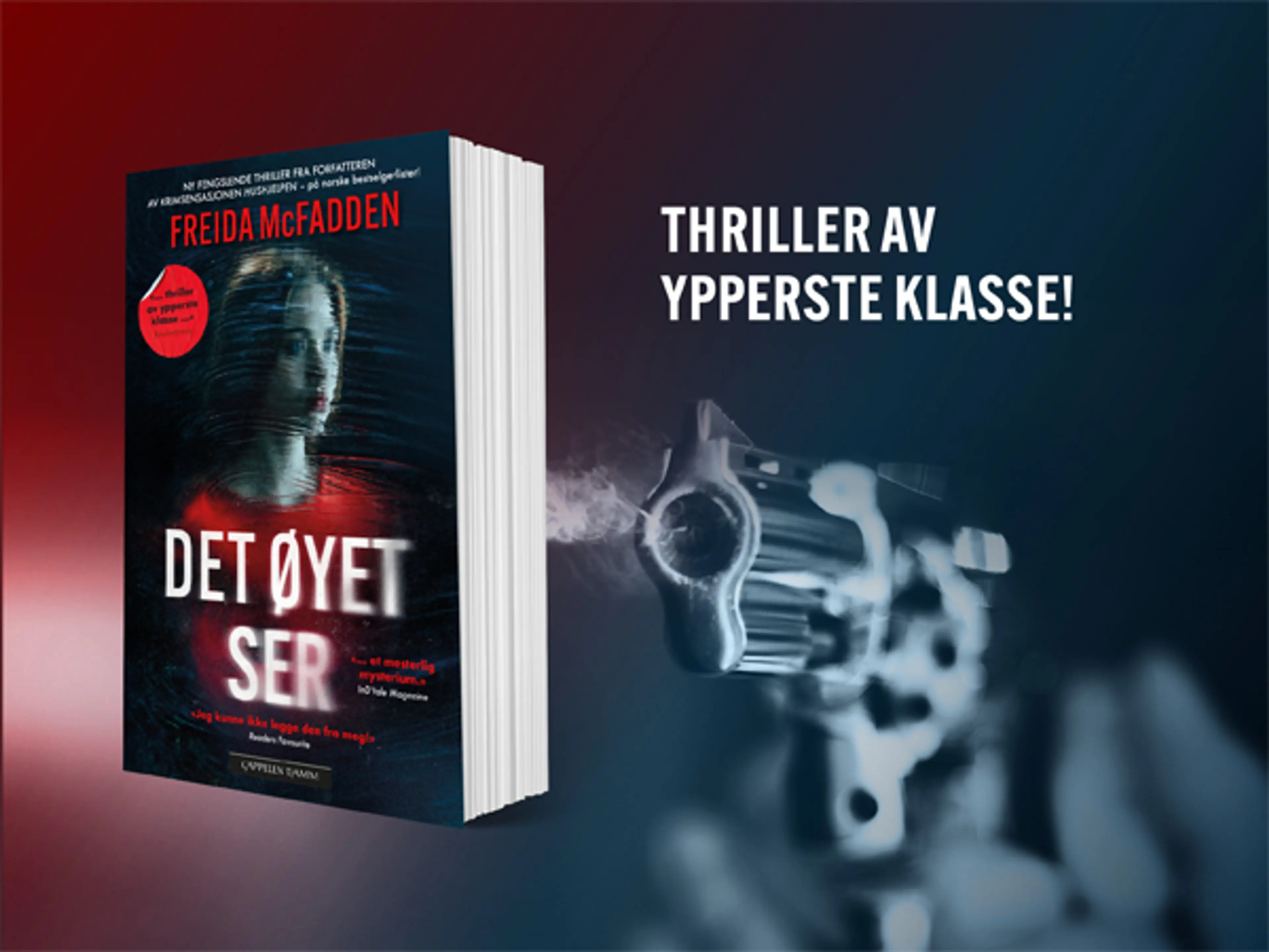 Boken Det øyet ser og bilde av en pistolmunning med kruttrøyk
