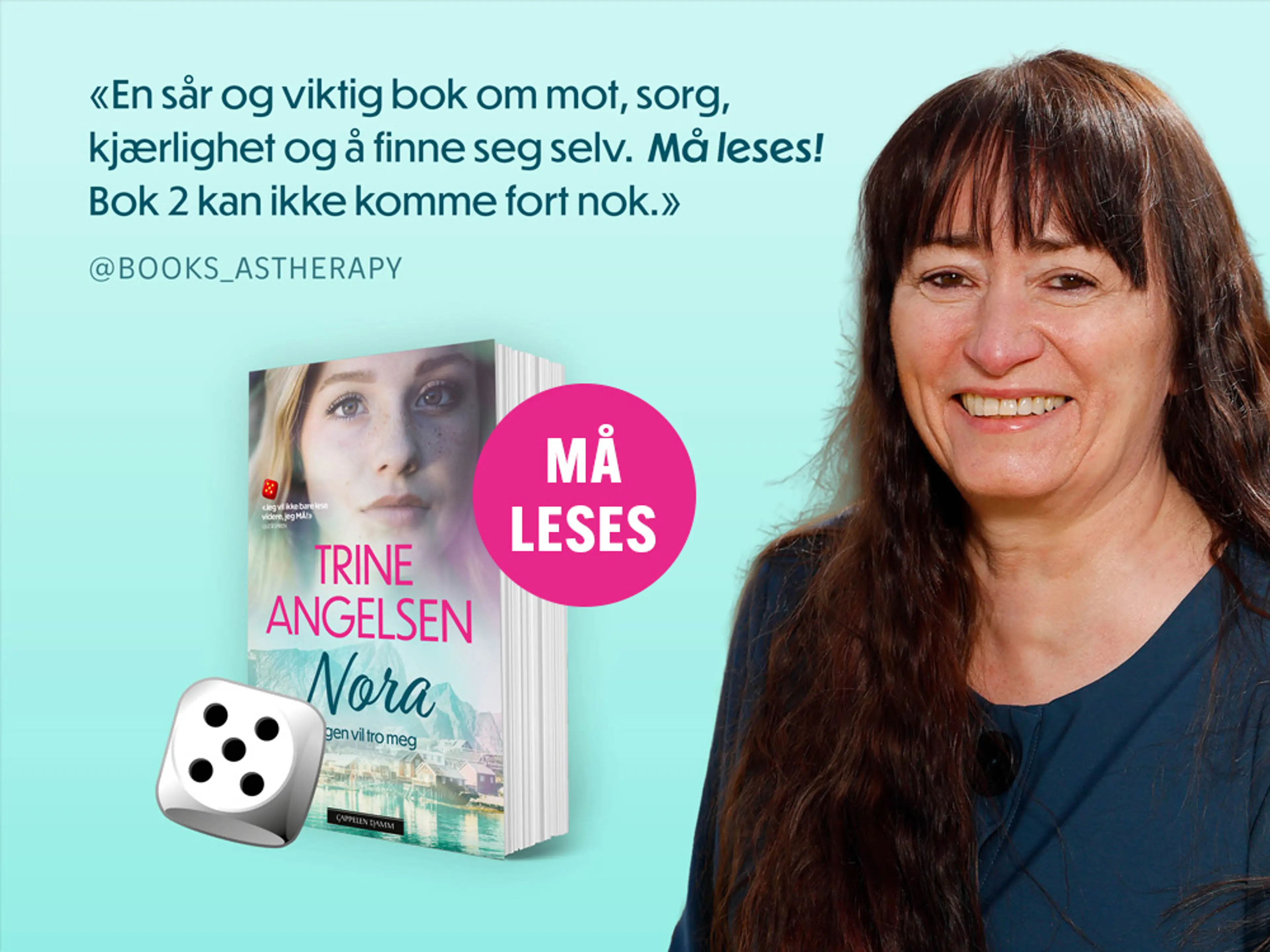 Foto av forfatter Trien Angelsen og første bok i serien Nora