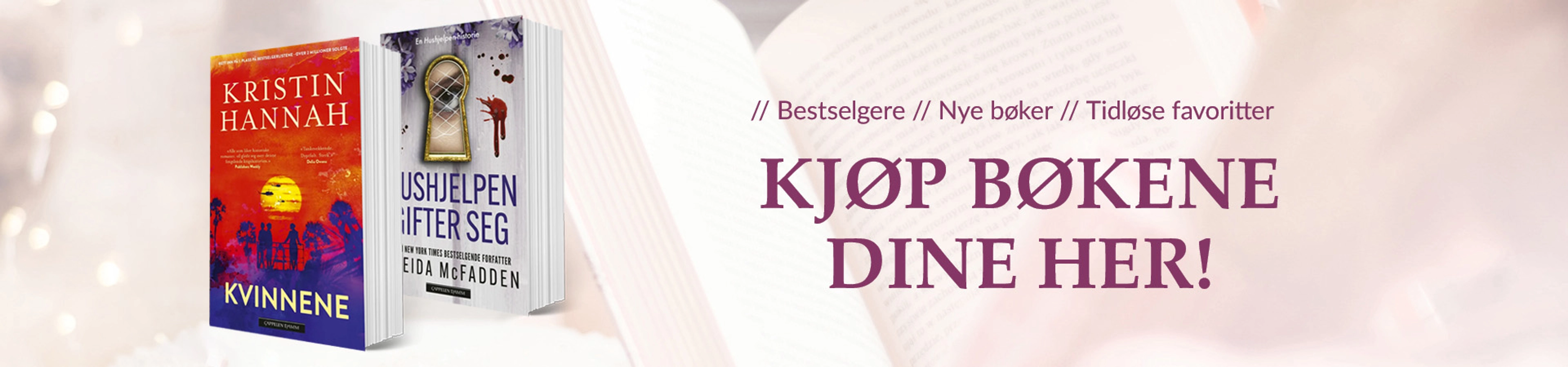 Bakgrunnsbilde av dame som holder bok og teksten Kjøp bøkene dine her