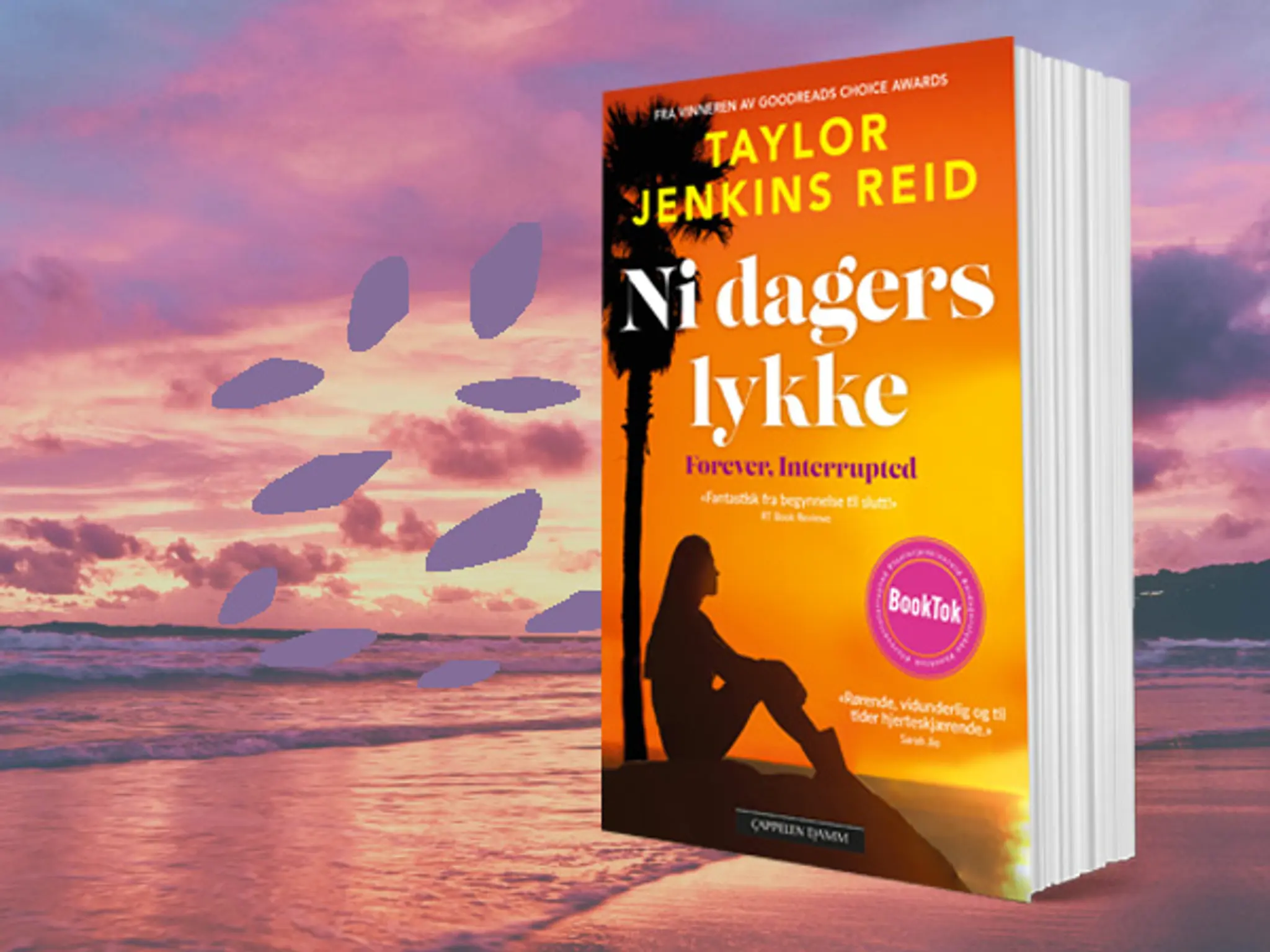 Omslag på boken Ni dagers lykke på en bakgrunn med en strand i solnedgang.